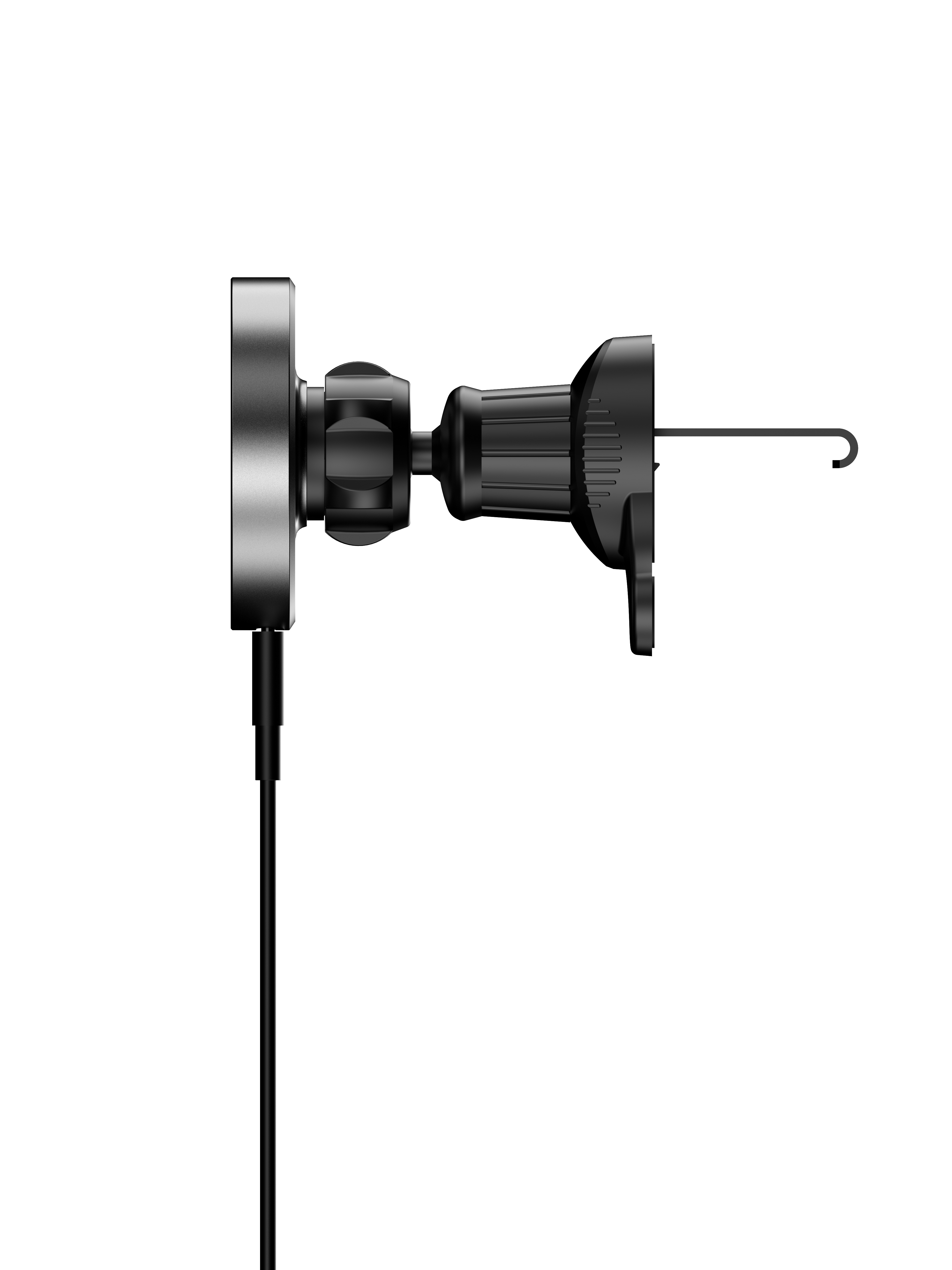 Czarny uchwyt samochodowy na telefon ze srebrną podstawą i hakiem, na czarnym tle.