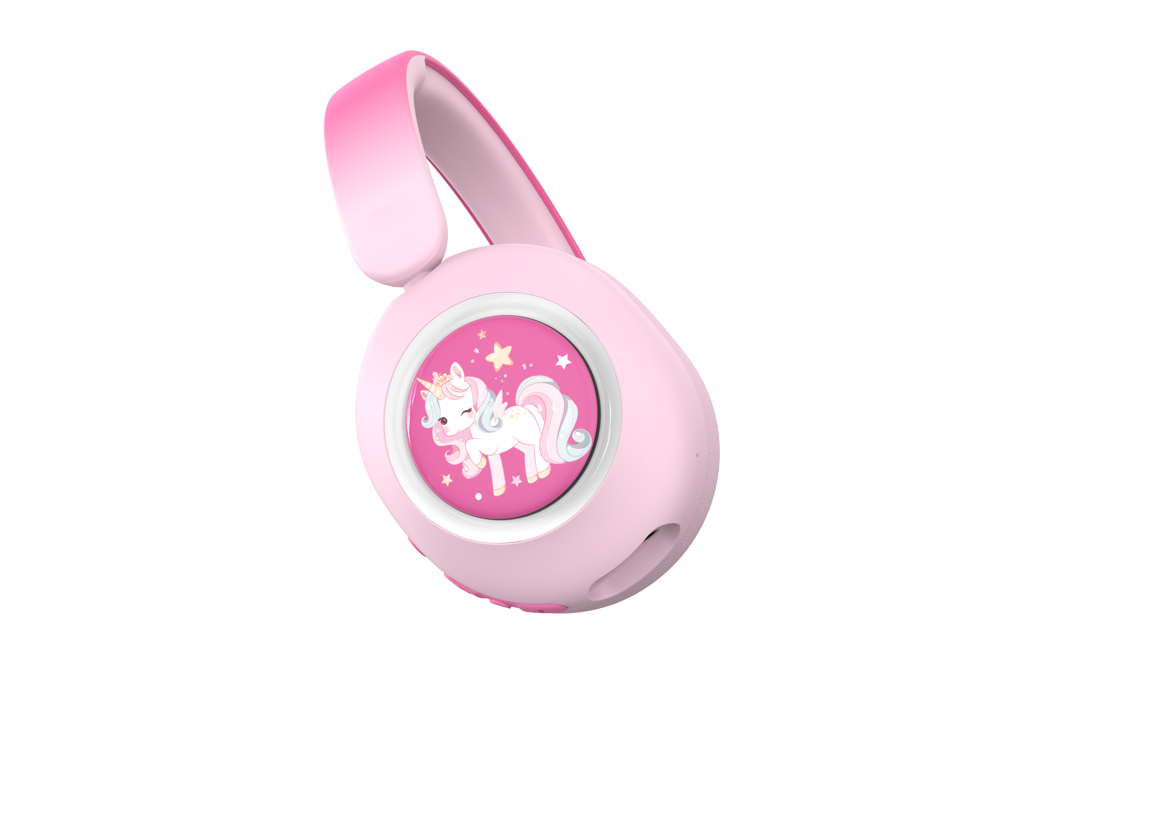 Rosa Kopfhörer mit Einhorn-Design auf der Ohrmuschel. Das Band und die Ohrmuscheln sind rosa. Der Hintergrund ist schwarz.