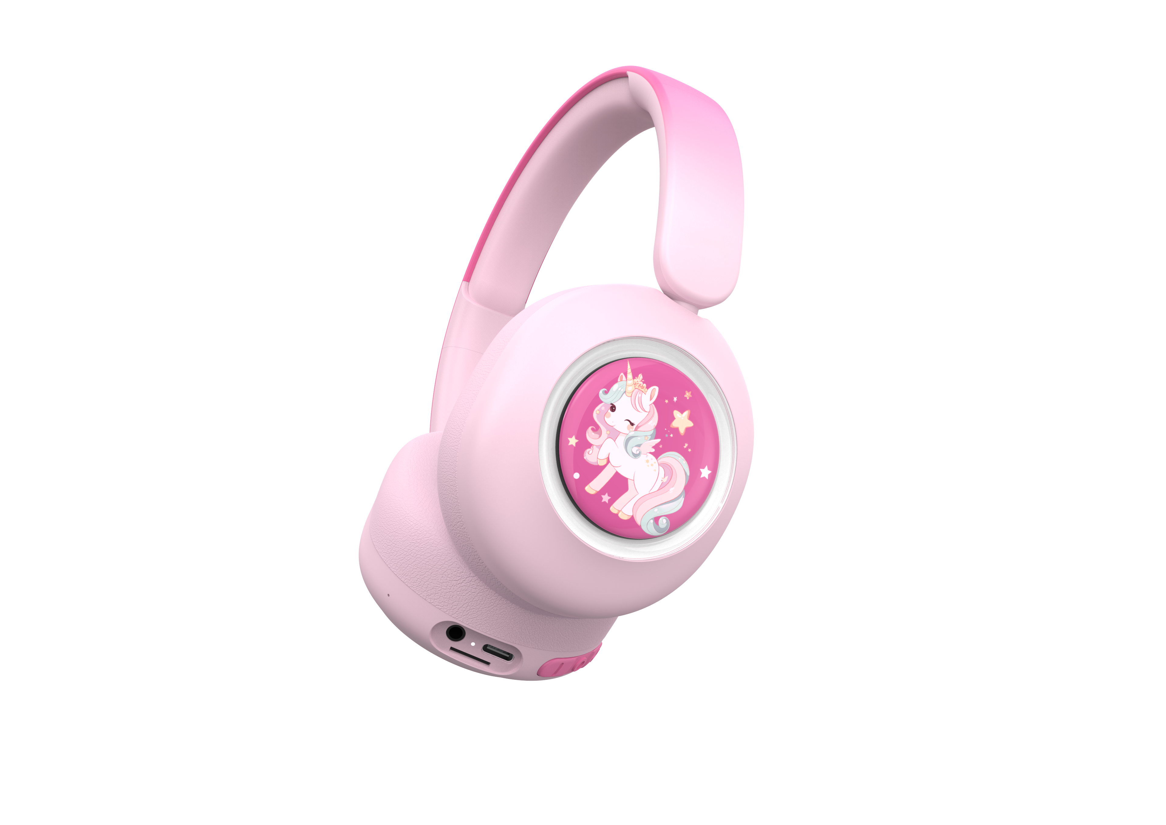 Rosa Kopfhörer mit einem Einhorn-Design auf der Ohrmuschel. Der Hintergrund ist schwarz.