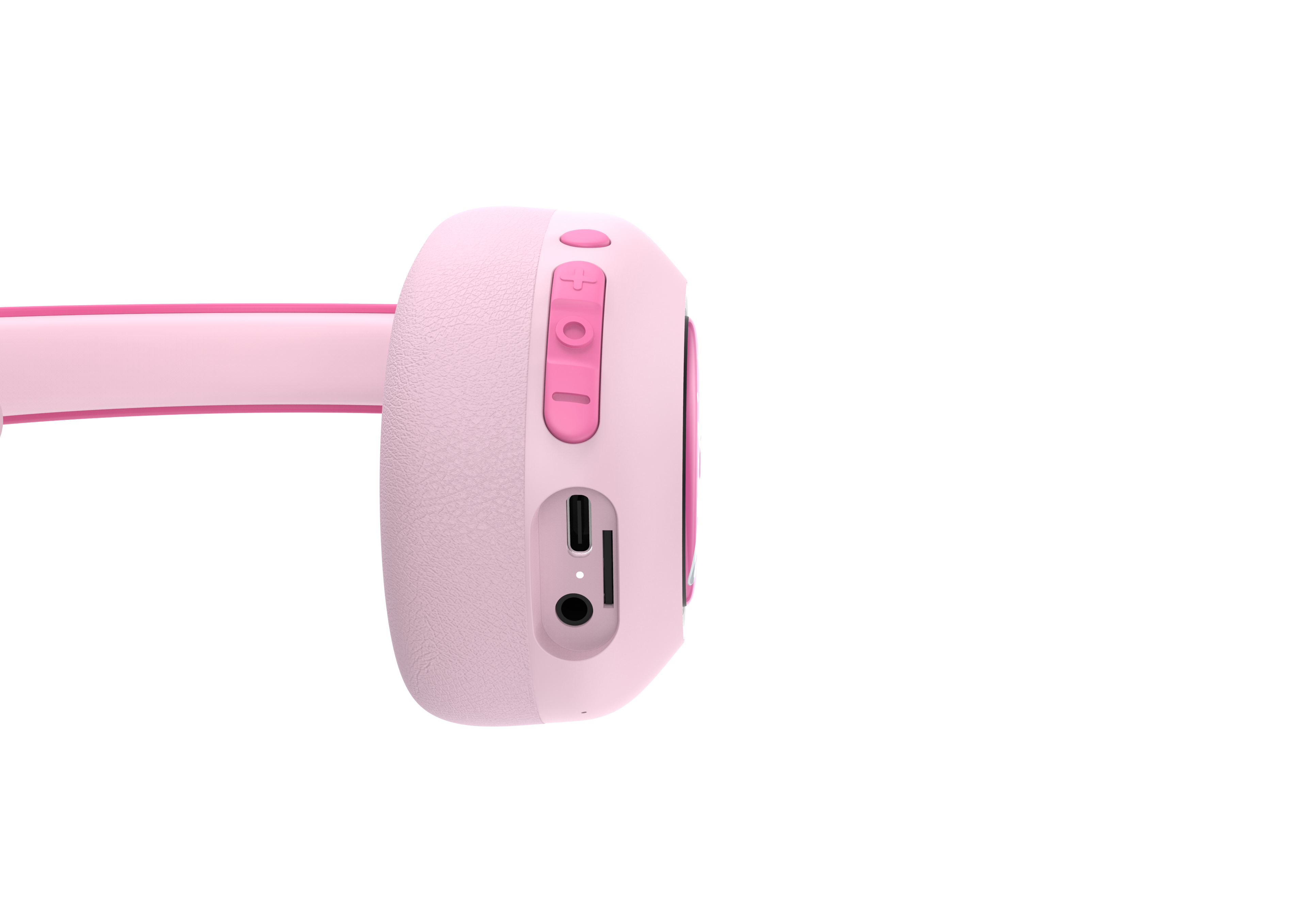 Rosa Kopfhörer mit Knöpfen und Anschlüssen auf schwarzem Hintergrund. Nahaufnahme der Kopfhörer.