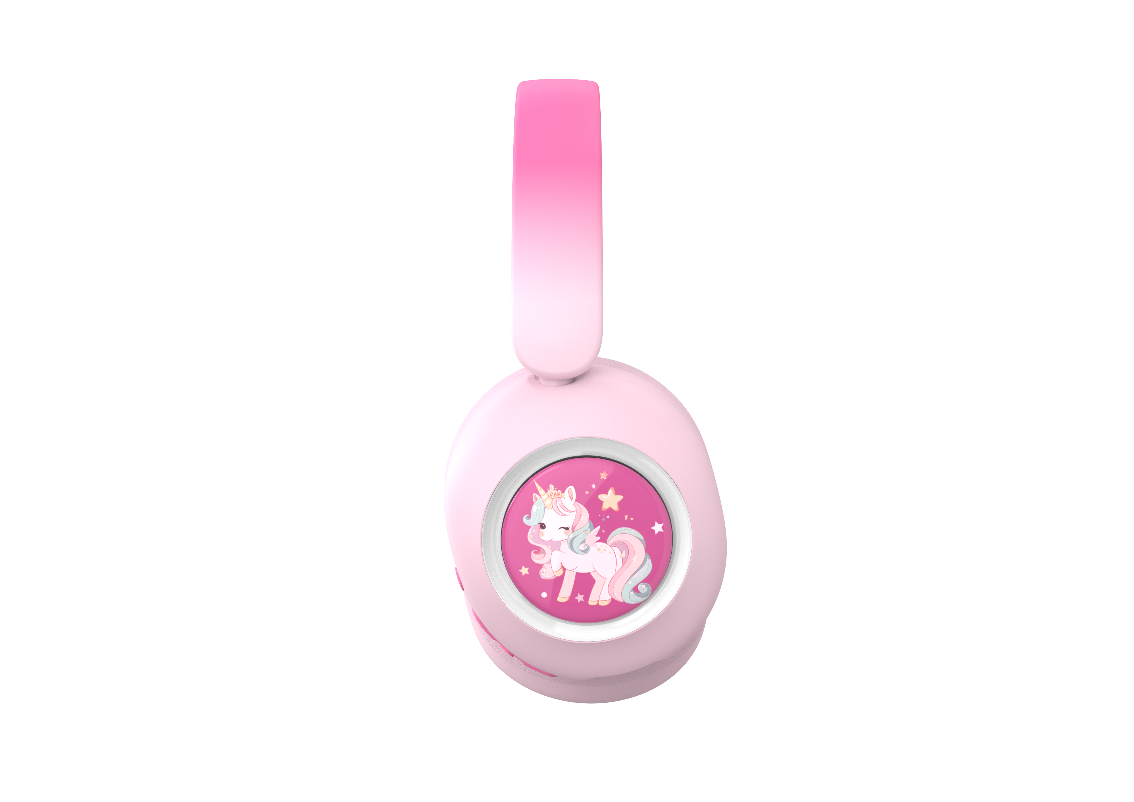 Rosa Kopfhörer mit Einhorn-Design auf der Ohrmuschel, mit rosa Farbverlauf-Kopfbügel, vor schwarzem Hintergrund.