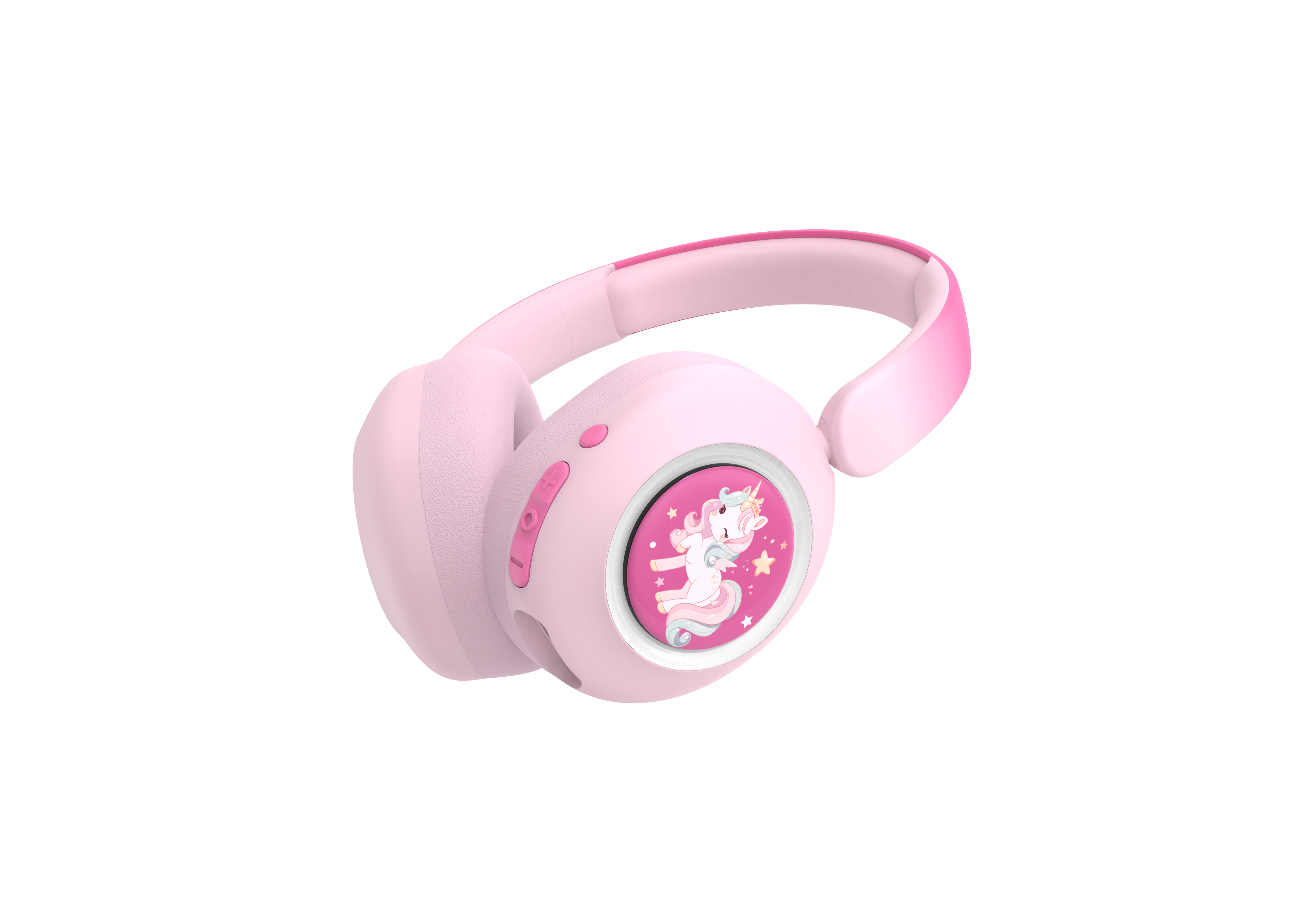 Rosa Kopfhörer mit Einhorn-Design auf der Ohrmuschel. Der Hintergrund ist schwarz.
