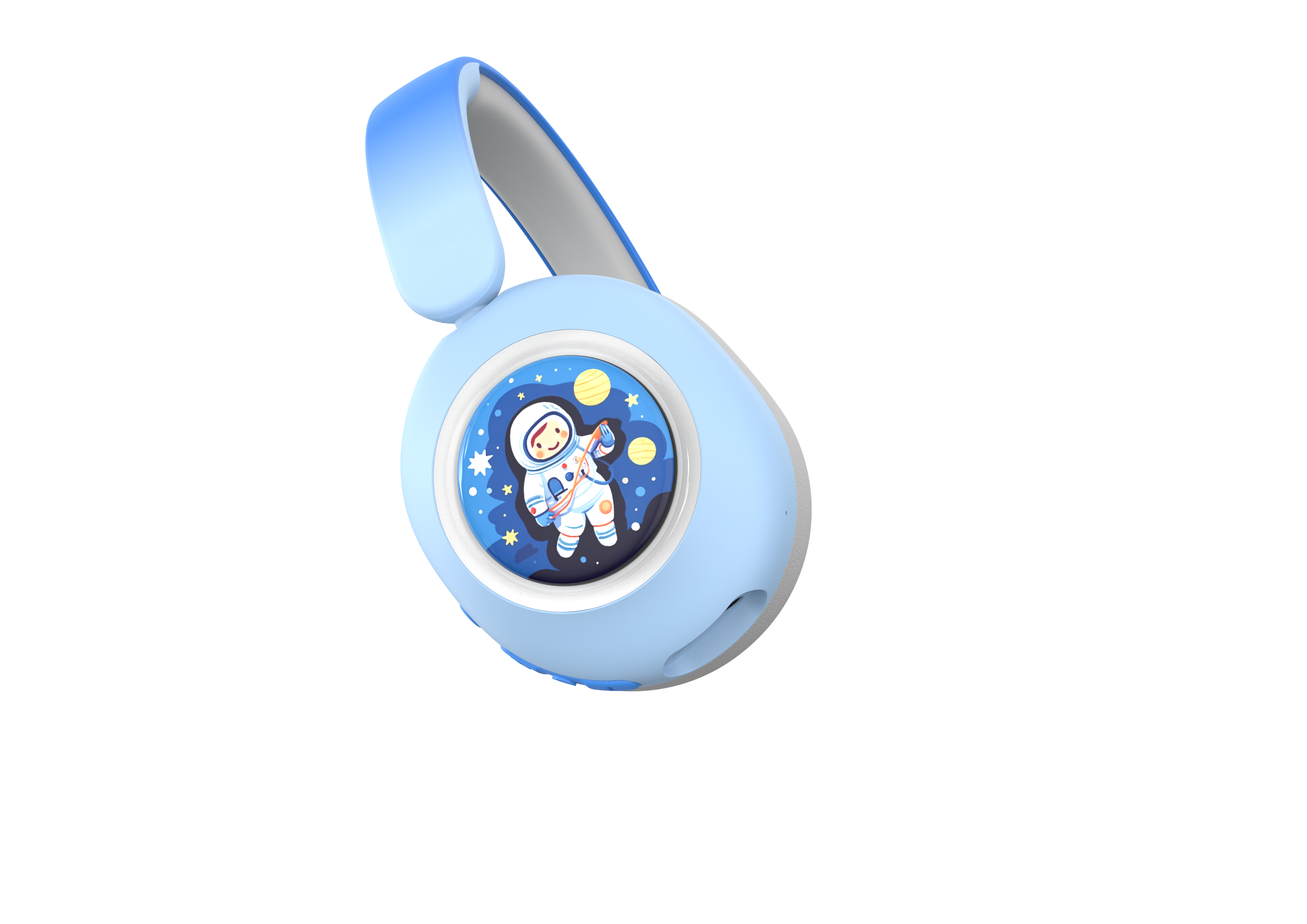 Blaue Kopfhörer mit Astronauten-Design auf schwarzem Hintergrund. Das Kopfband ist hellblau.