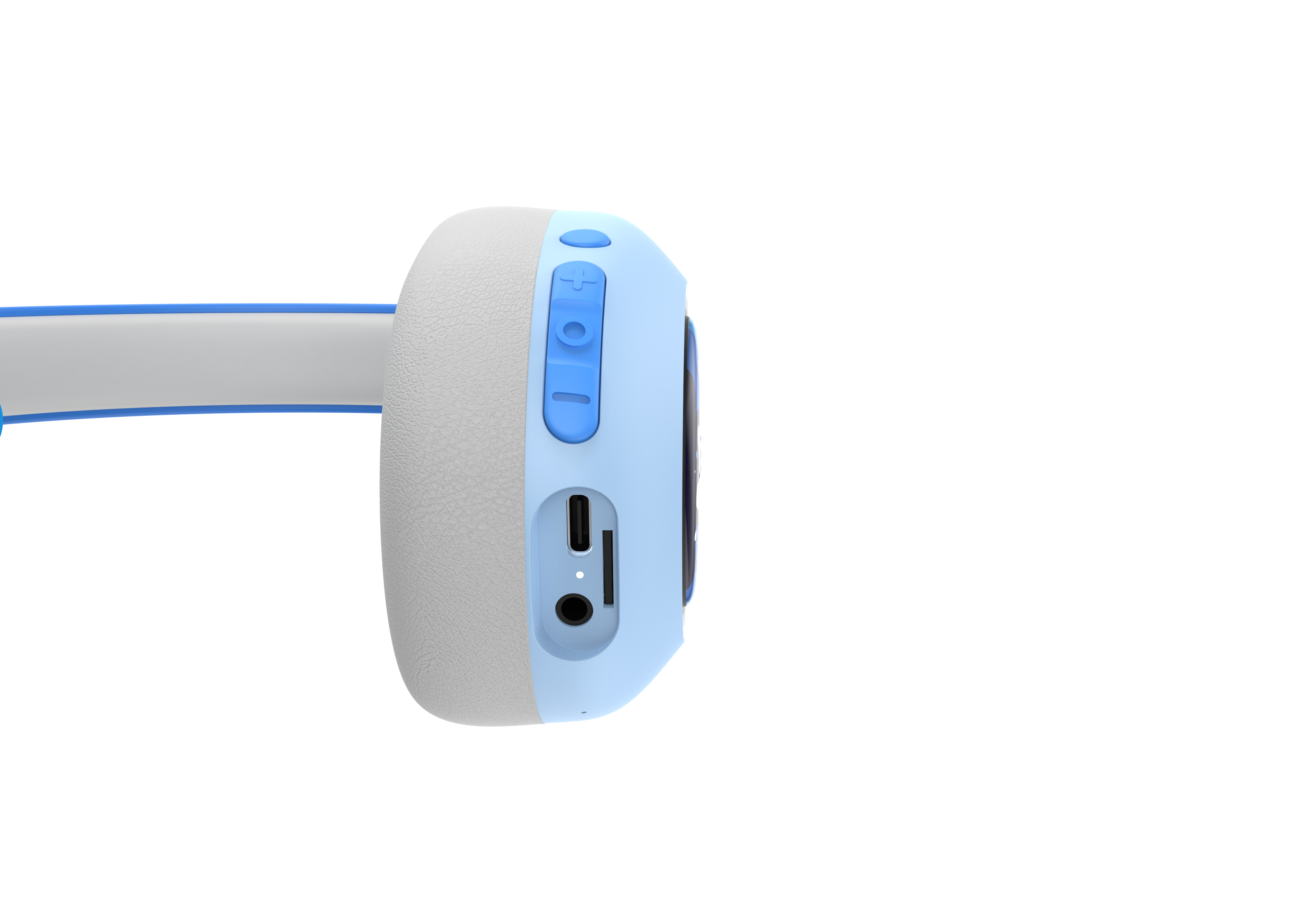 Ein blau-weißes Headset vor schwarzem Hintergrund. Details umfassen Knöpfe, Anschlüsse und eine strukturierte Ohrmuschel.