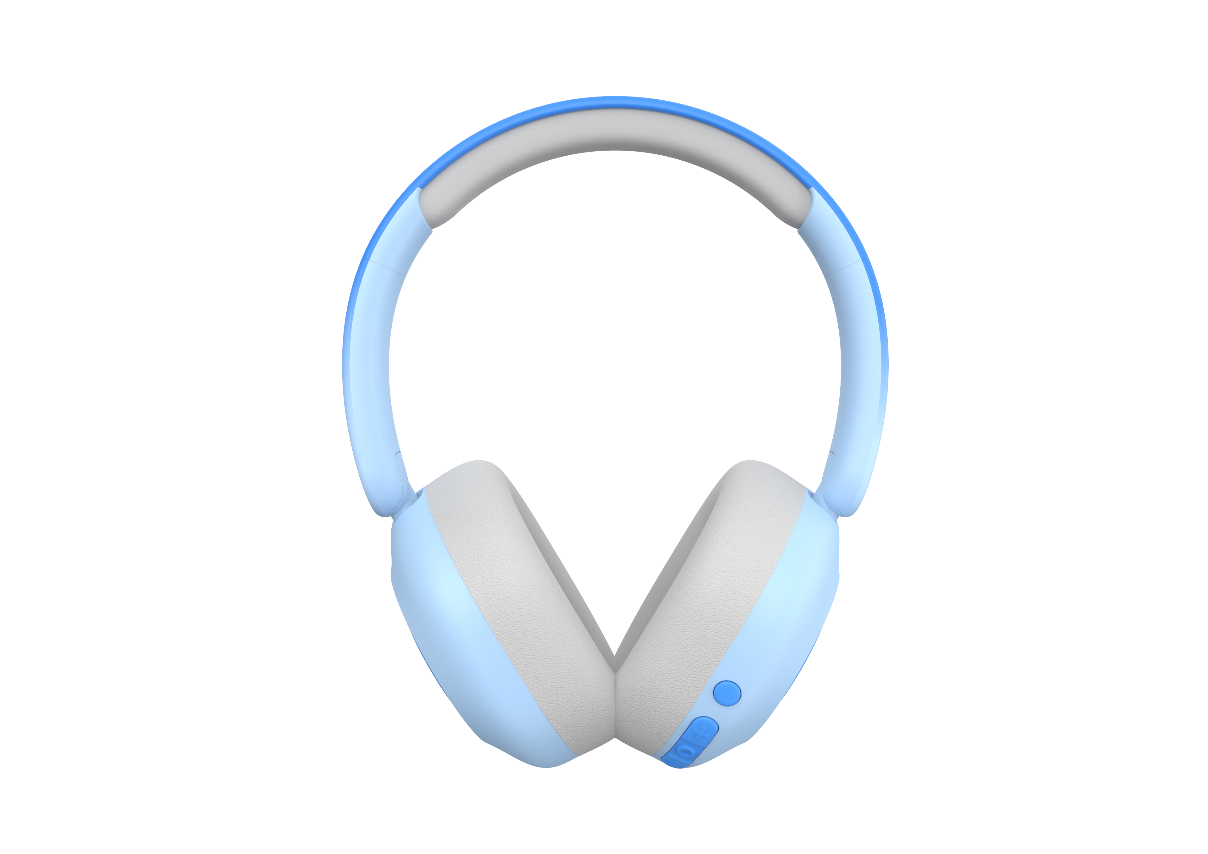Blaue und weiße Kopfhörer auf schwarzem Hintergrund. Ohrmuscheln sind weiß und das Kopfband ist hellblau.