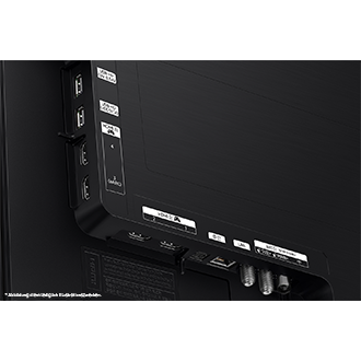 Schwarze TV-Rückseite mit Anschlüssen: HDMI, USB, Ethernet und andere, beschriftet mit weißem Text.