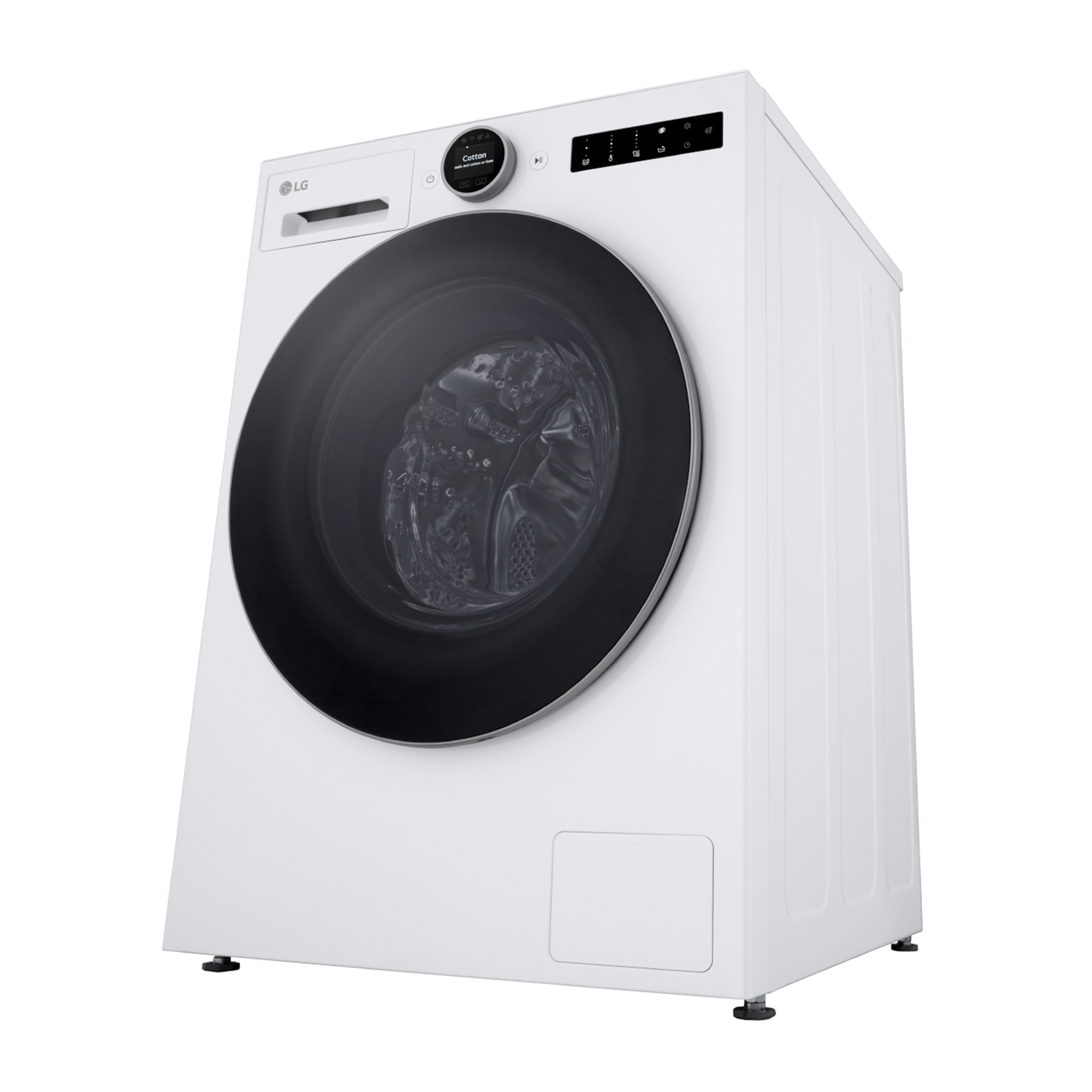Lavadora LG blanca. Tiene una puerta negra y un panel de control. La máquina está sobre un fondo blanco.