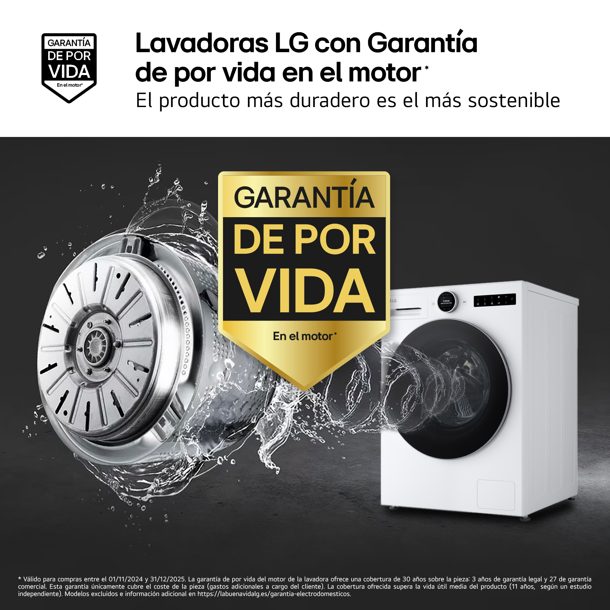 Imagen de lavadora LG. Texto: Garantía de por vida en el motor. Insignia dorada: 'Garantía de por vida'.