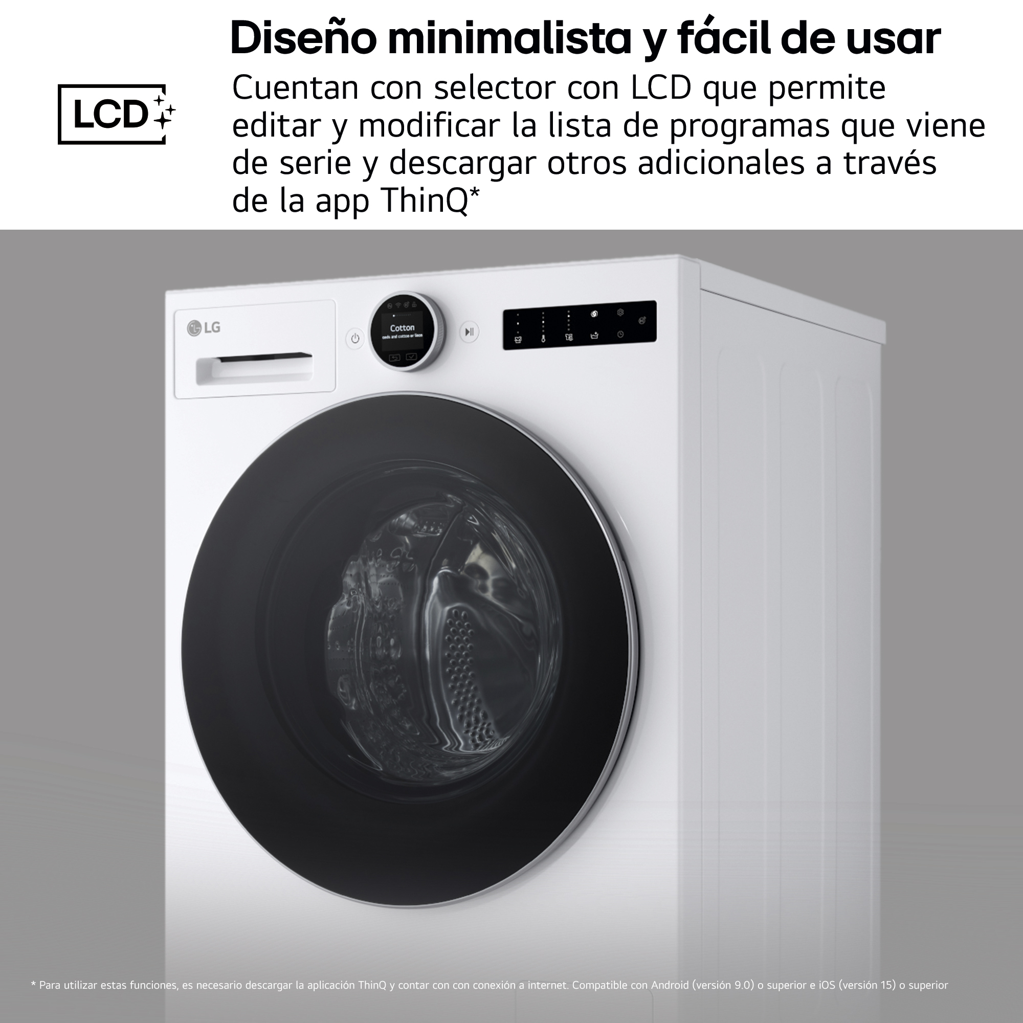 Lavadora LG blanca con puerta negra. Cuenta con pantalla LCD y panel de control. Fondo gris.