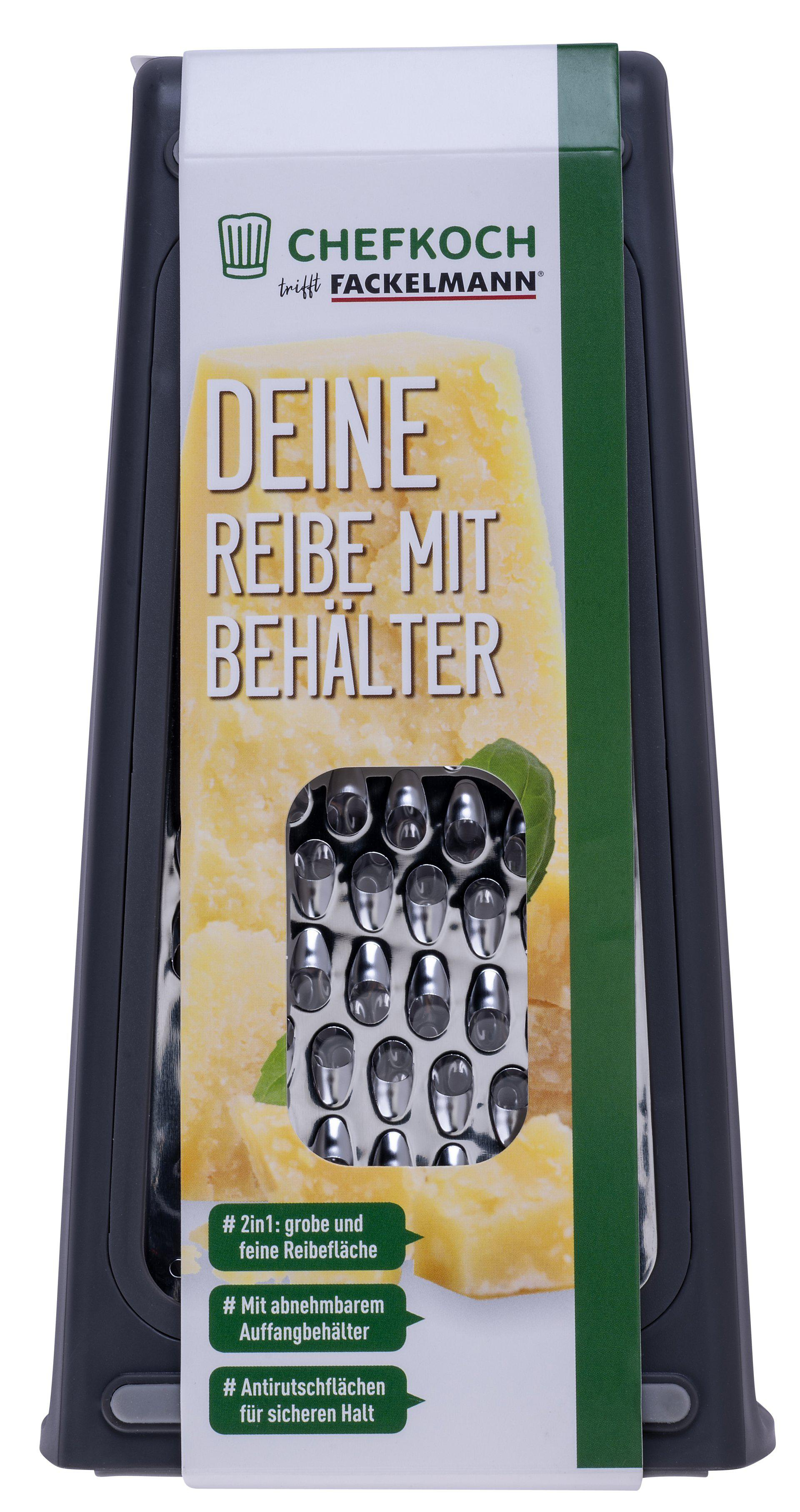 Ein Reibe mit Behälter. Auf der Verpackung steht 'DEINE REIBE MIT BEHÄLTER', '# 2in1', '# Mit abnehmbarem Auffangbehälter'.