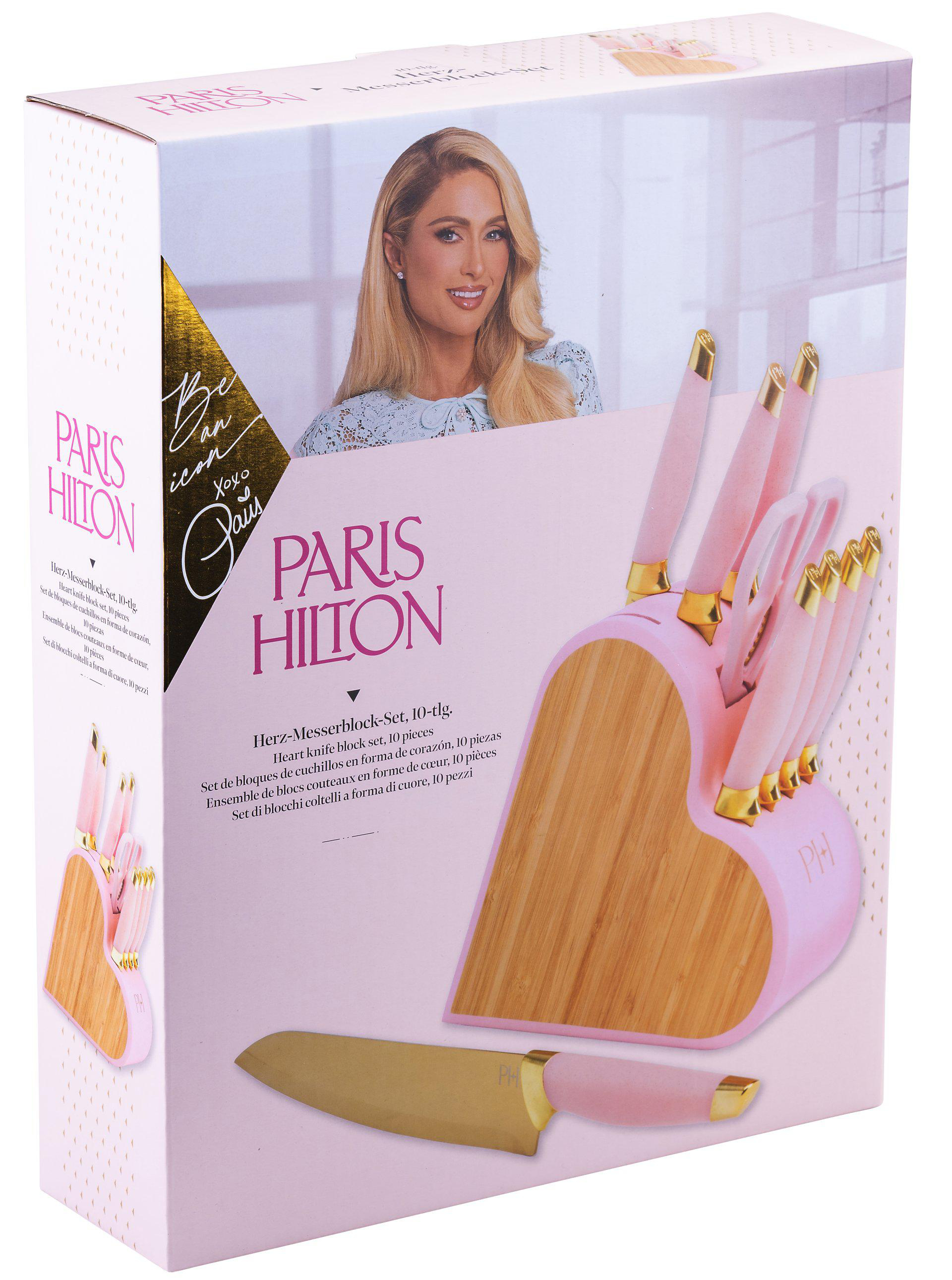 Karton mit Paris Hiltons herzförmigem Messerblock-Set. Enthält ein Foto von Paris Hilton und rosa Messern.