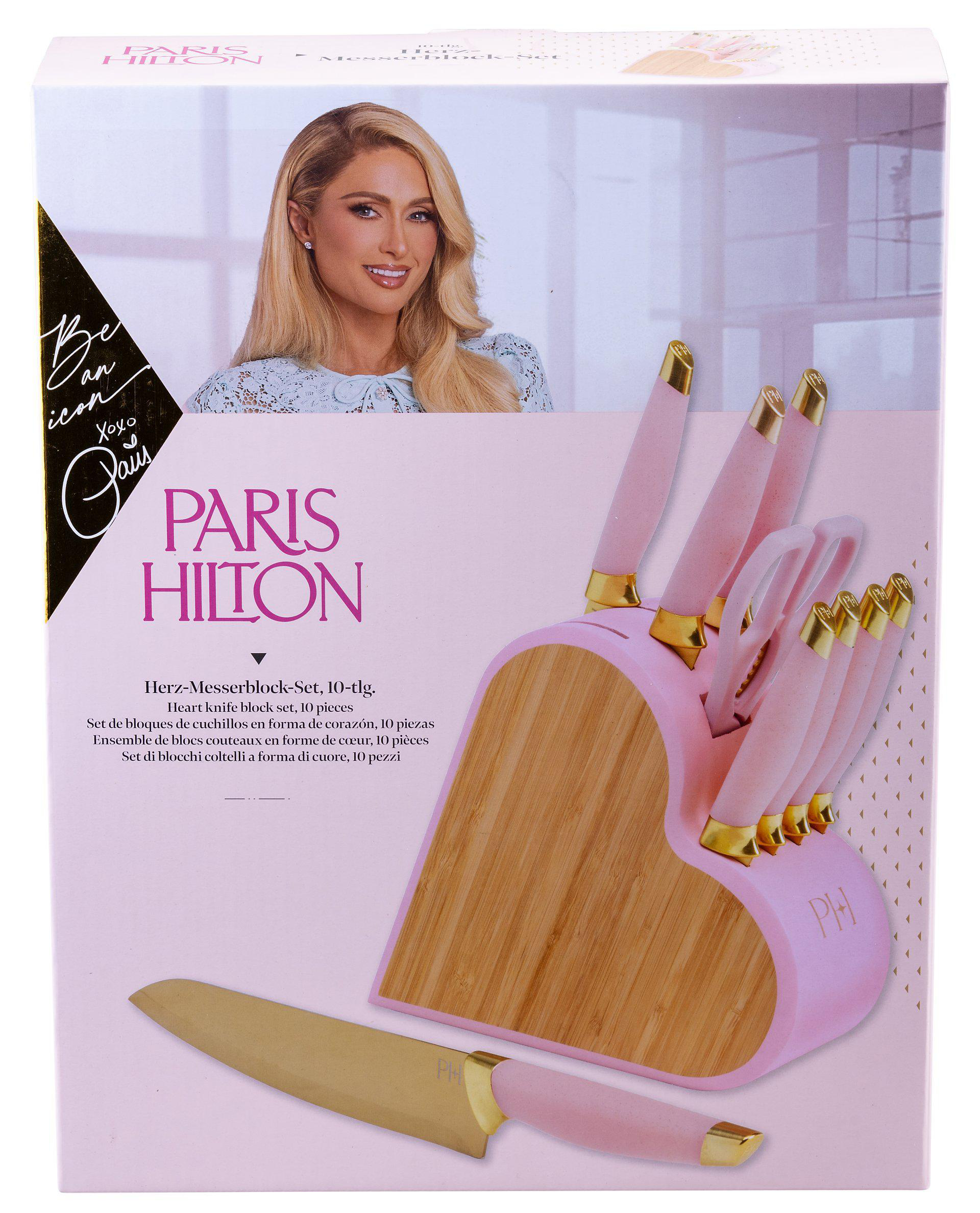 Paris Hilton Messerset. Rosa herzförmiger Messerblock mit Messern. Paris Hiltons Bild ist auf der Box.