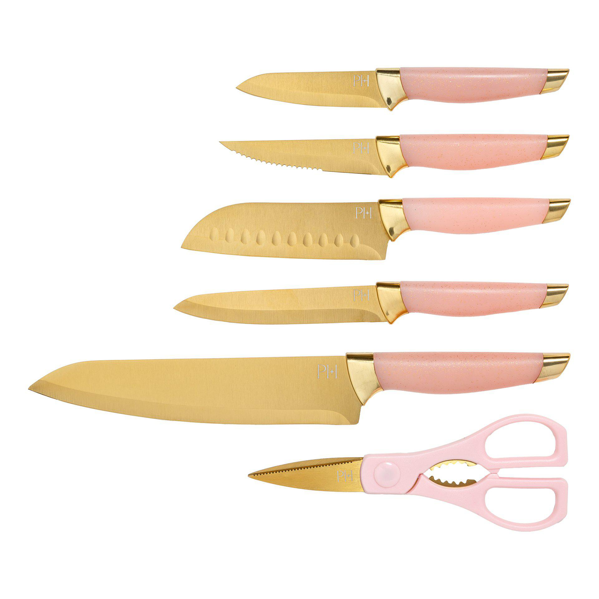 Set aus Küchenmessern und Scheren. Goldklingen, rosa Griffe und goldene Akzente. Auf weißem Hintergrund angeordnet.