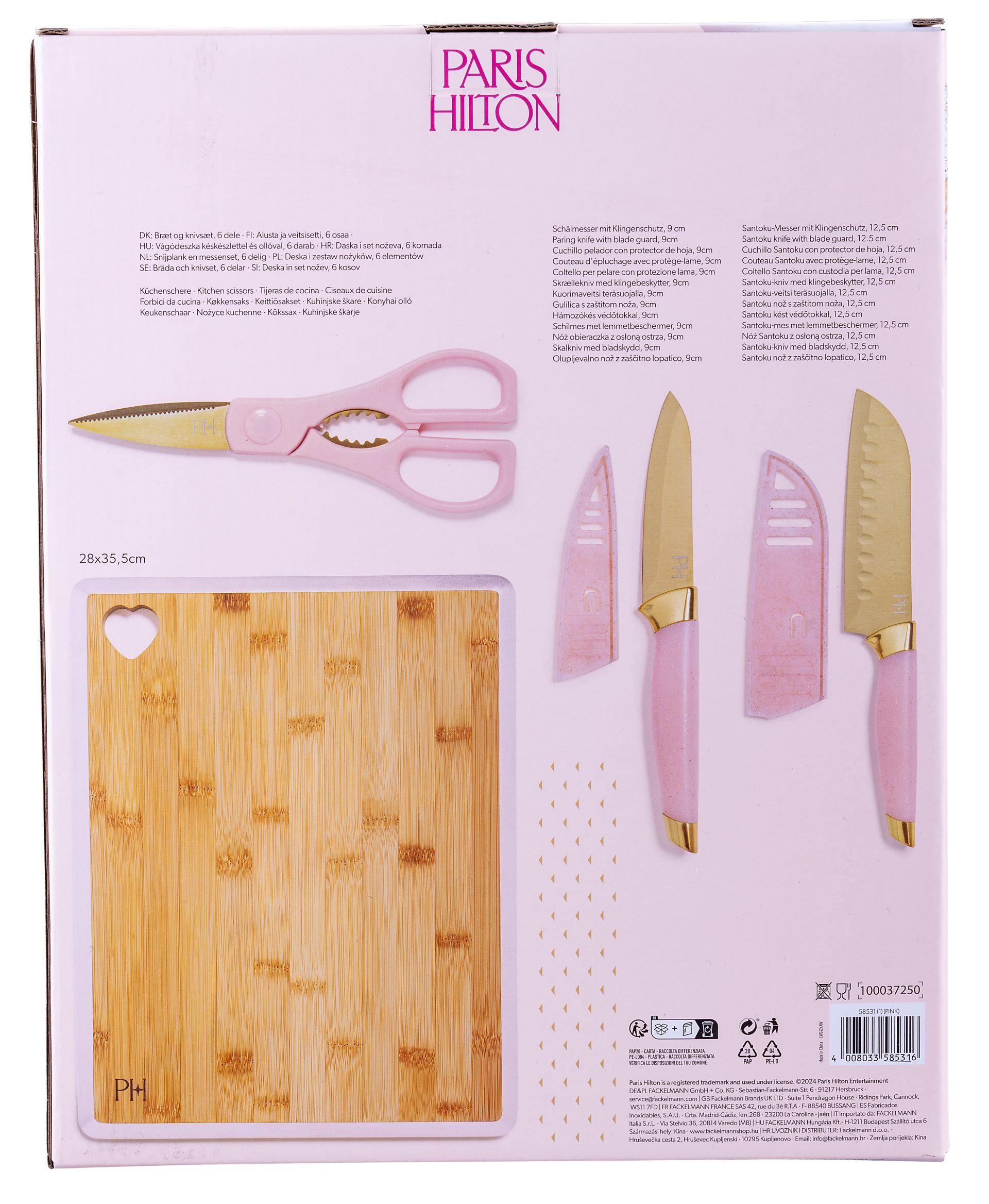 Rosa Küchenset. Enthält Schneidebrett, Schere und Messer mit Schutzhüllen.