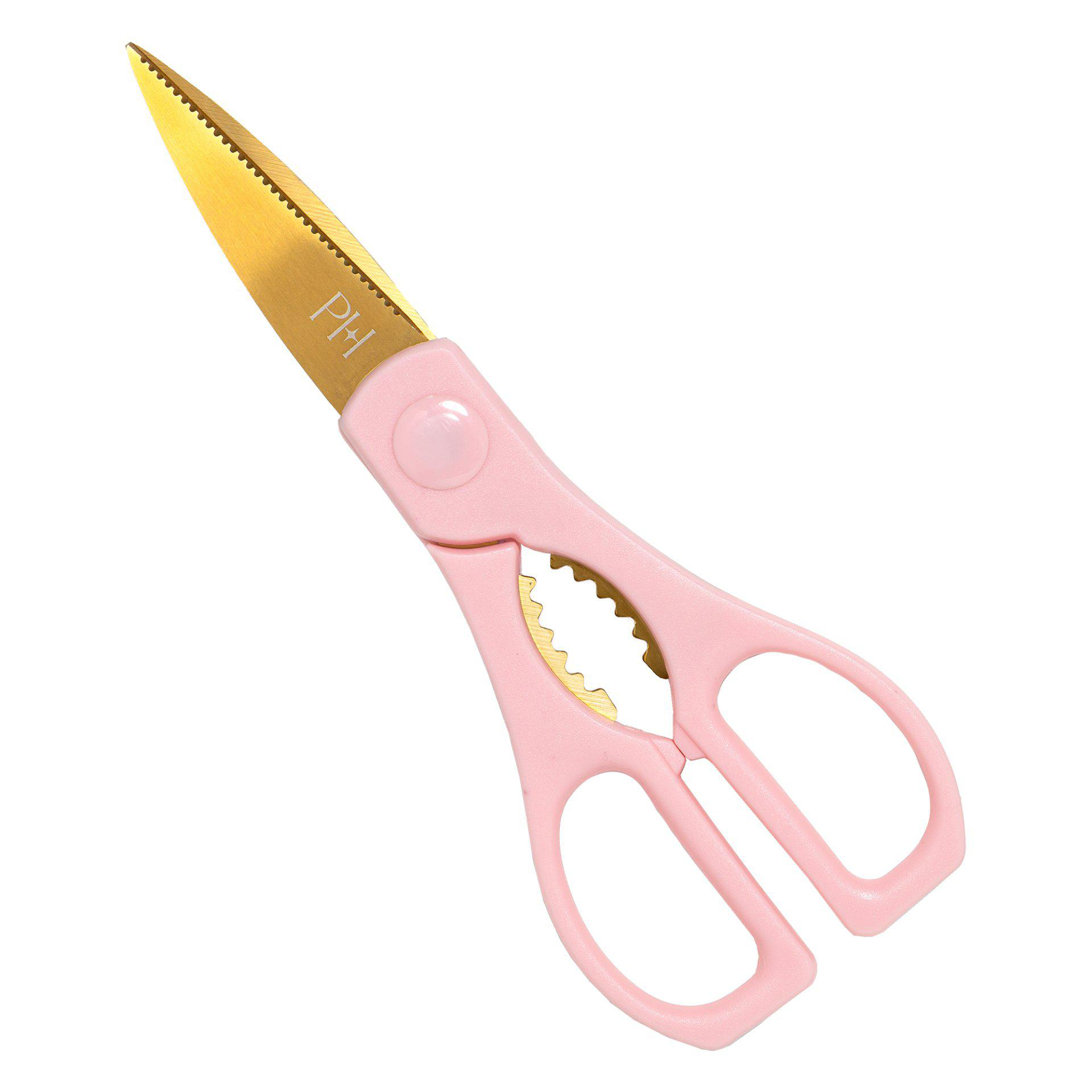 Rosa und goldene Schere auf weißem Hintergrund. Die Klingen sind goldfarben, die Griffe rosa.