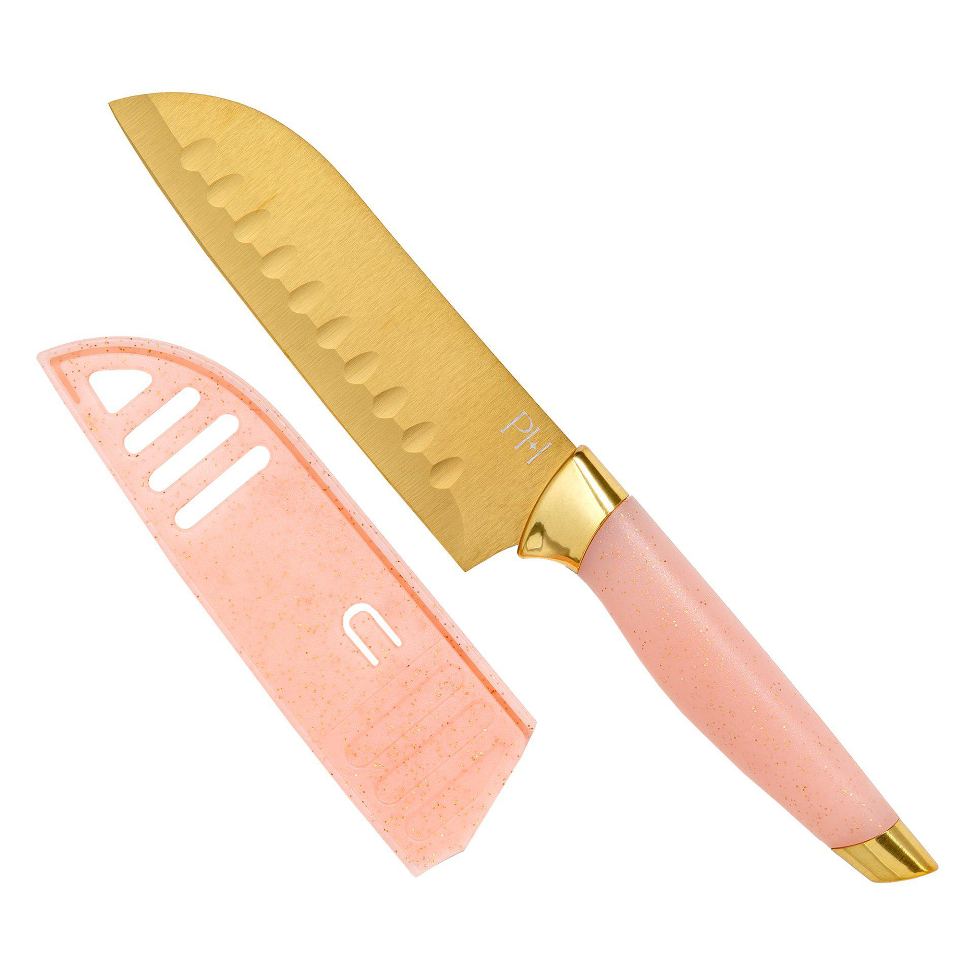 Ein goldenes Messer mit rosa Griff und rosa Hülle. Das Messer befindet sich auf weißem Hintergrund.