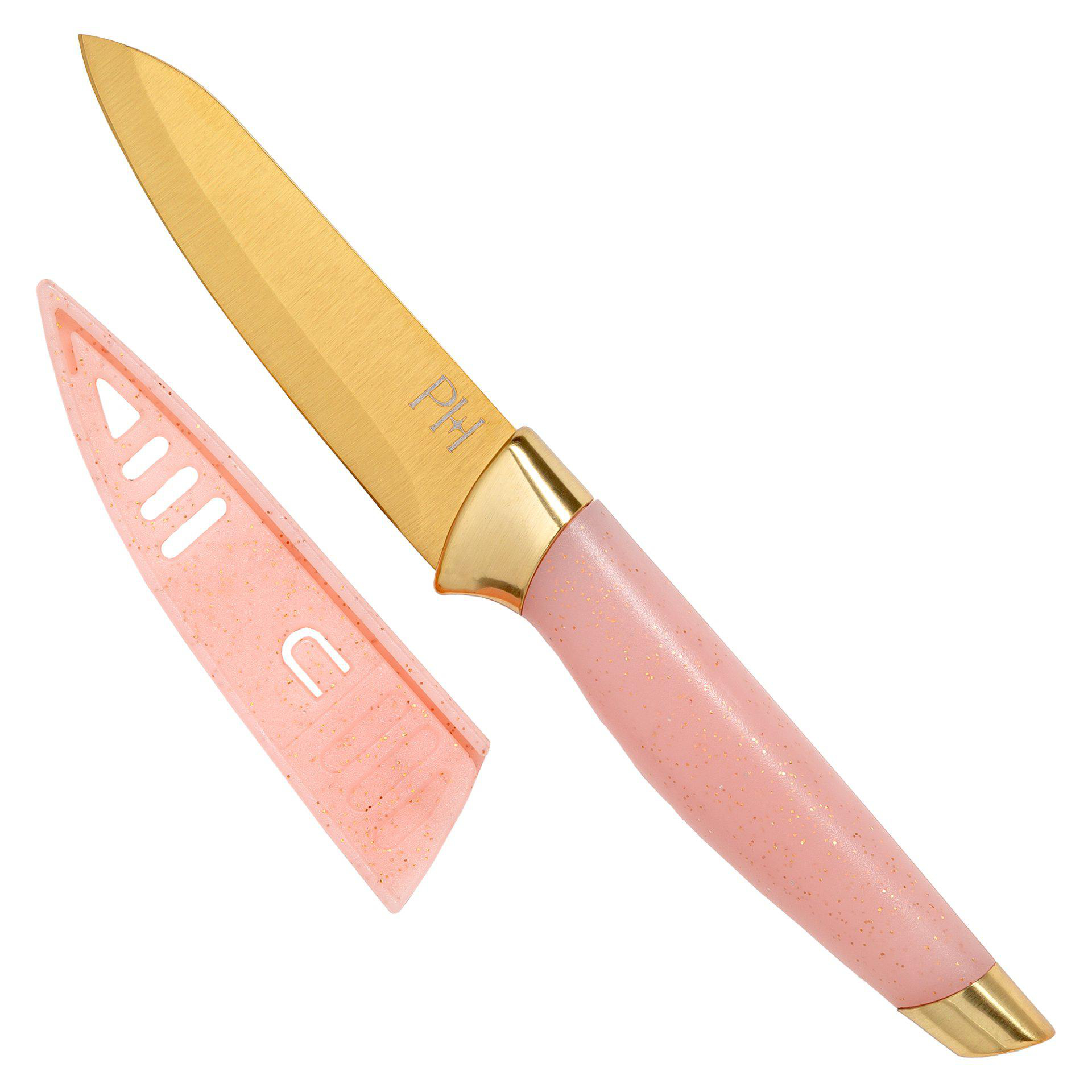 Ein Messer mit goldener Klinge, rosa Griff und Schutzhülle. Die Klinge hat die Buchstaben 'PH'.