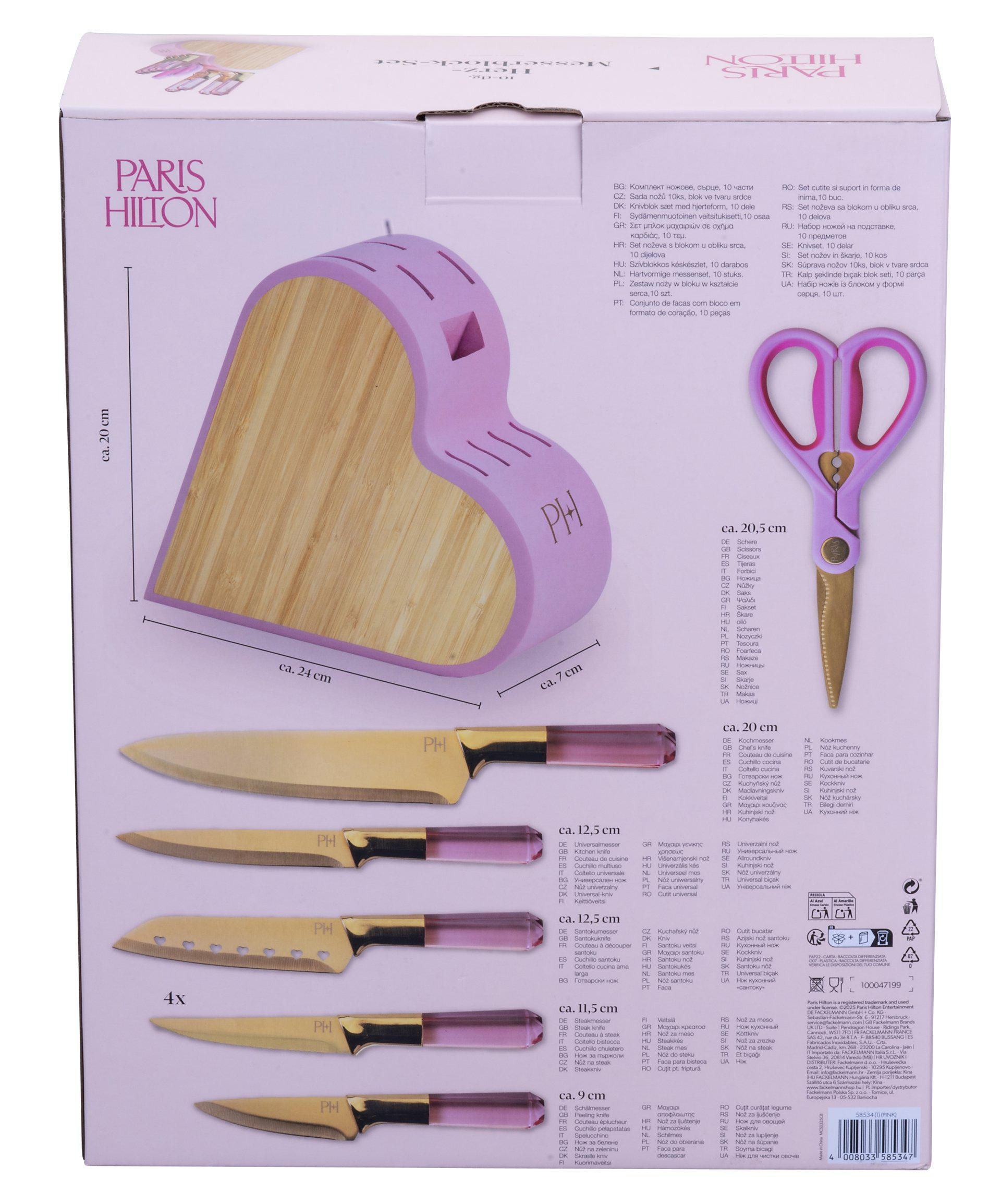 Ein Küchenmesser-Set mit herzförmigem Holzblock und rosa Schere.