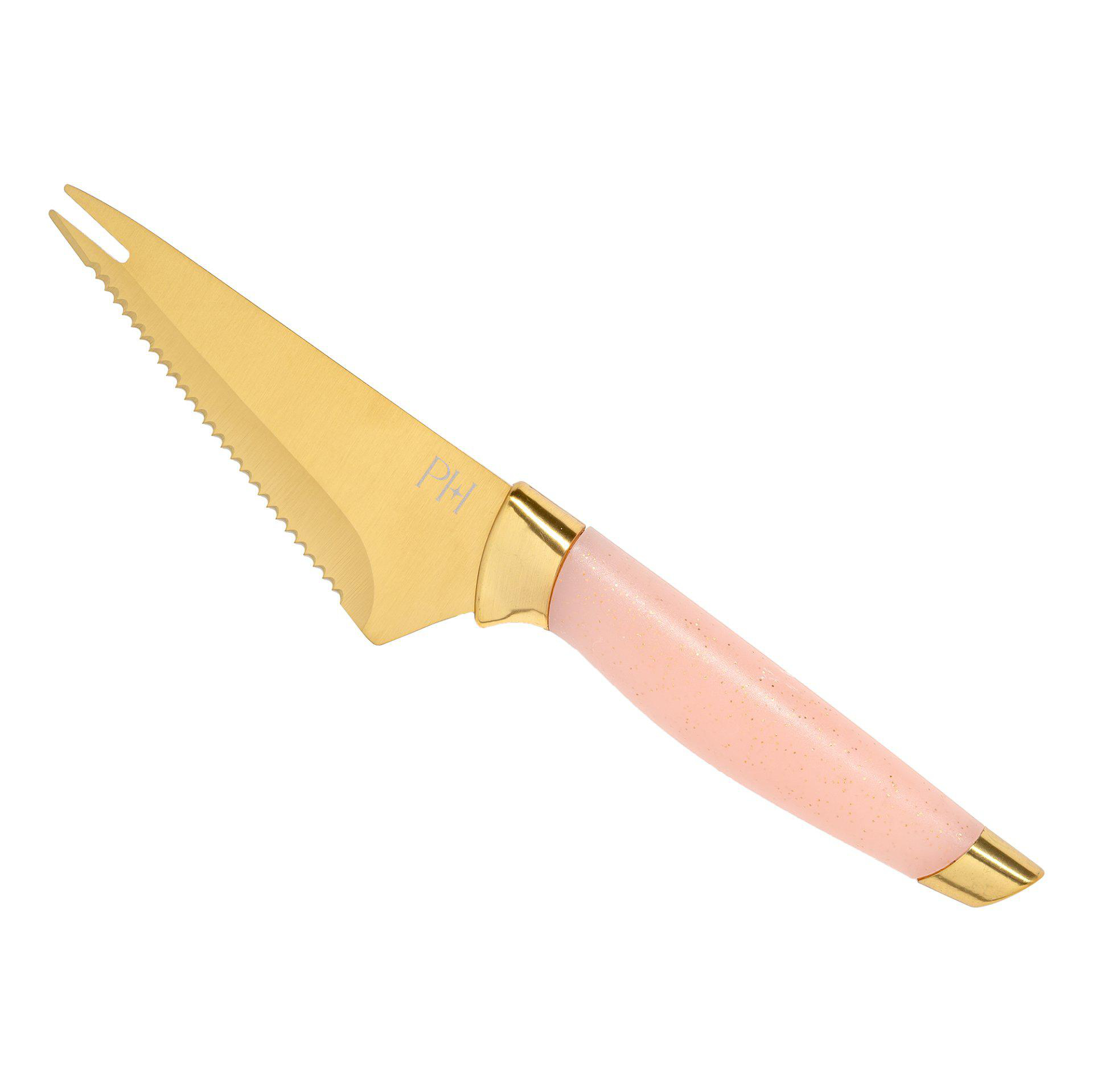 Ein goldfarbenes Kuchenmesser mit rosa Griff und gezahnter Klinge. Der Griff hat goldene Akzente.