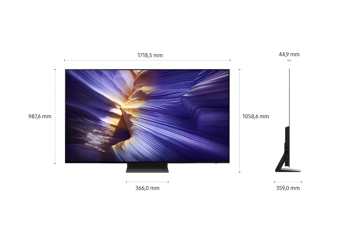 Ein großer Fernseher mit Abmessungen. Der Bildschirm zeigt eine Landschaft aus geschichteten Felsformationen in Blau-, Gelb- und Weißtönen.