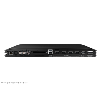 Rückseite eines schwarzen Geräts mit verschiedenen Anschlüssen, darunter HDMI, USB und Ethernet, zur Konnektivität.