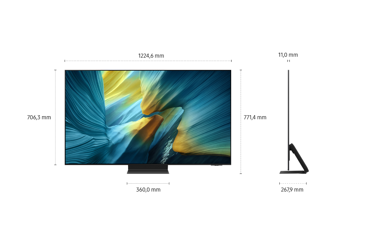 Ein Fernseher zeigt Abmessungen. Der Bildschirm hat ein fließendes abstraktes Design mit Gelb- und Blautönen. Messungen sind um den Fernseher herum angegeben.