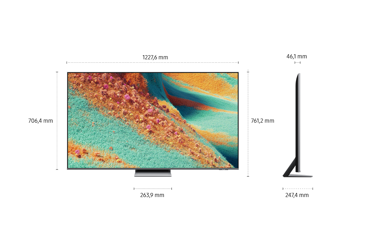 Ein Fernseher zeigt ein buntes abstraktes Bild. Abmessungen: Breite 1227,6 mm, Höhe 706,4 mm. Seitenansicht zeigt eine Tiefe von 46,1 mm.