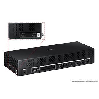 Schwarzes Samsung-Gerät mit mehreren Anschlüssen, Lüftungsschlitzen und einer kleineren Inset-Ansicht. Strom- und HDMI-Anschlüsse sind sichtbar.