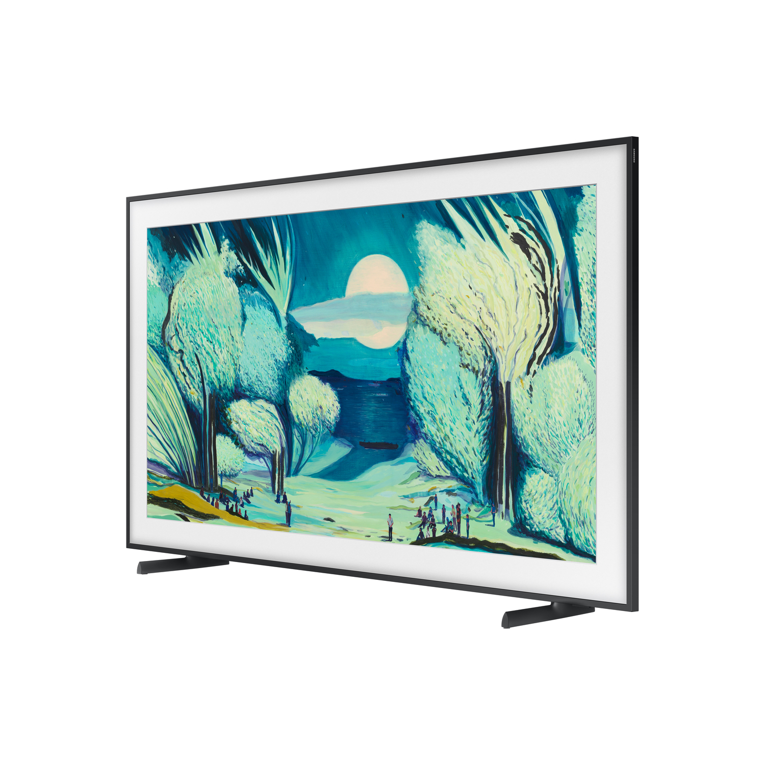 A TV displays a painting of a moonlit landscape with trees and figures. The TV is black and set on a white background.