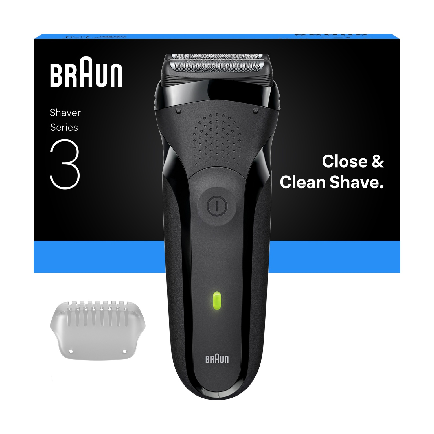 Un rasoio Braun Series 3 nero con protezione bianca e la scatola dietro. La scatola è nera e ha il logo Braun e del testo.