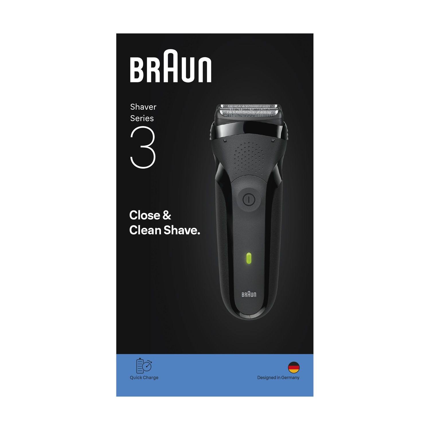 Un rasoio nero Braun Series 3 è mostrato su sfondo nero. Il testo include 'Braun', 'Series 3', 'Close & Clean Shave' e 'Quick Charge'.