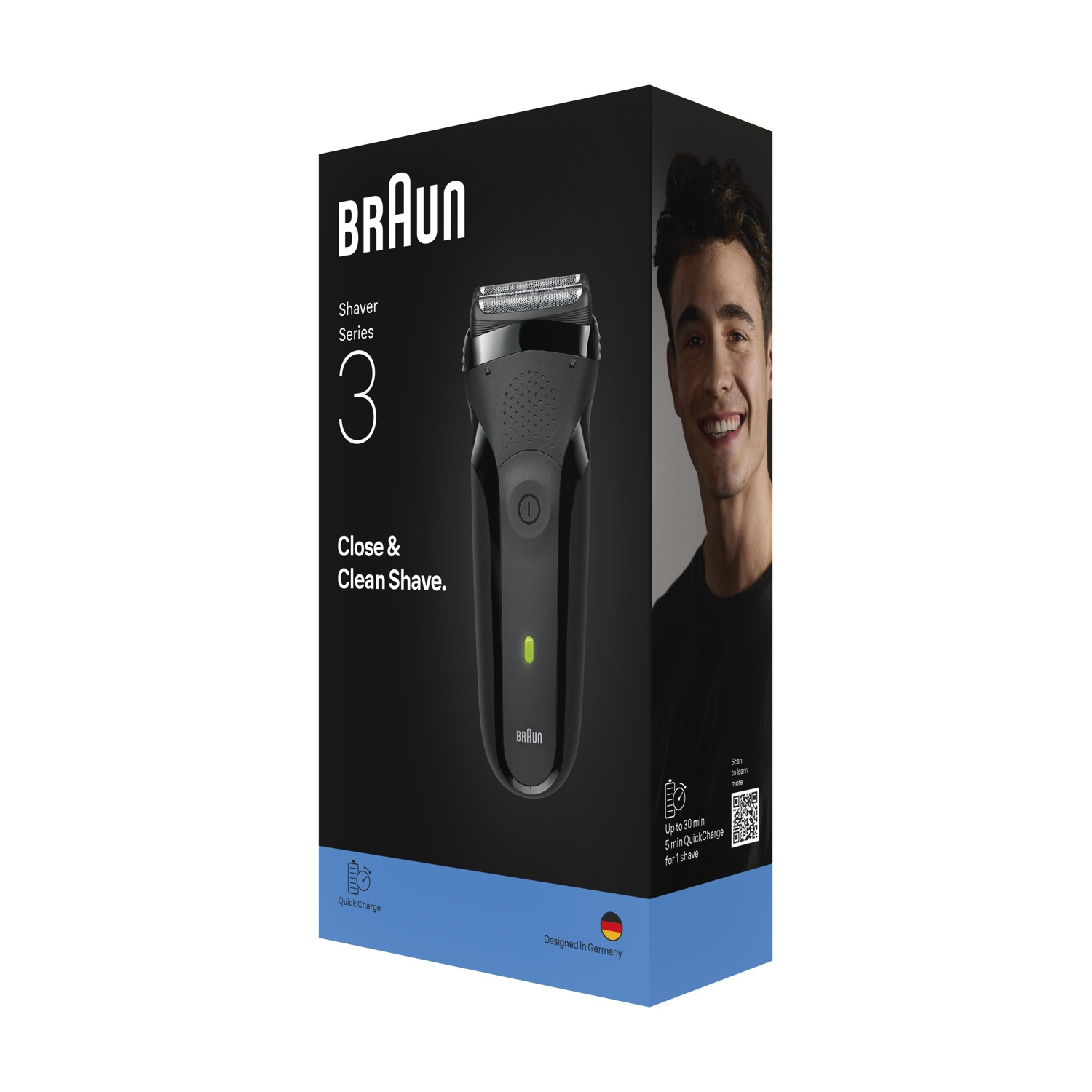 Scatola con rasoio Braun. Volto di uomo a destra. La scatola mostra il rasoio, con testo: Series 3, Close & Clean Shave.