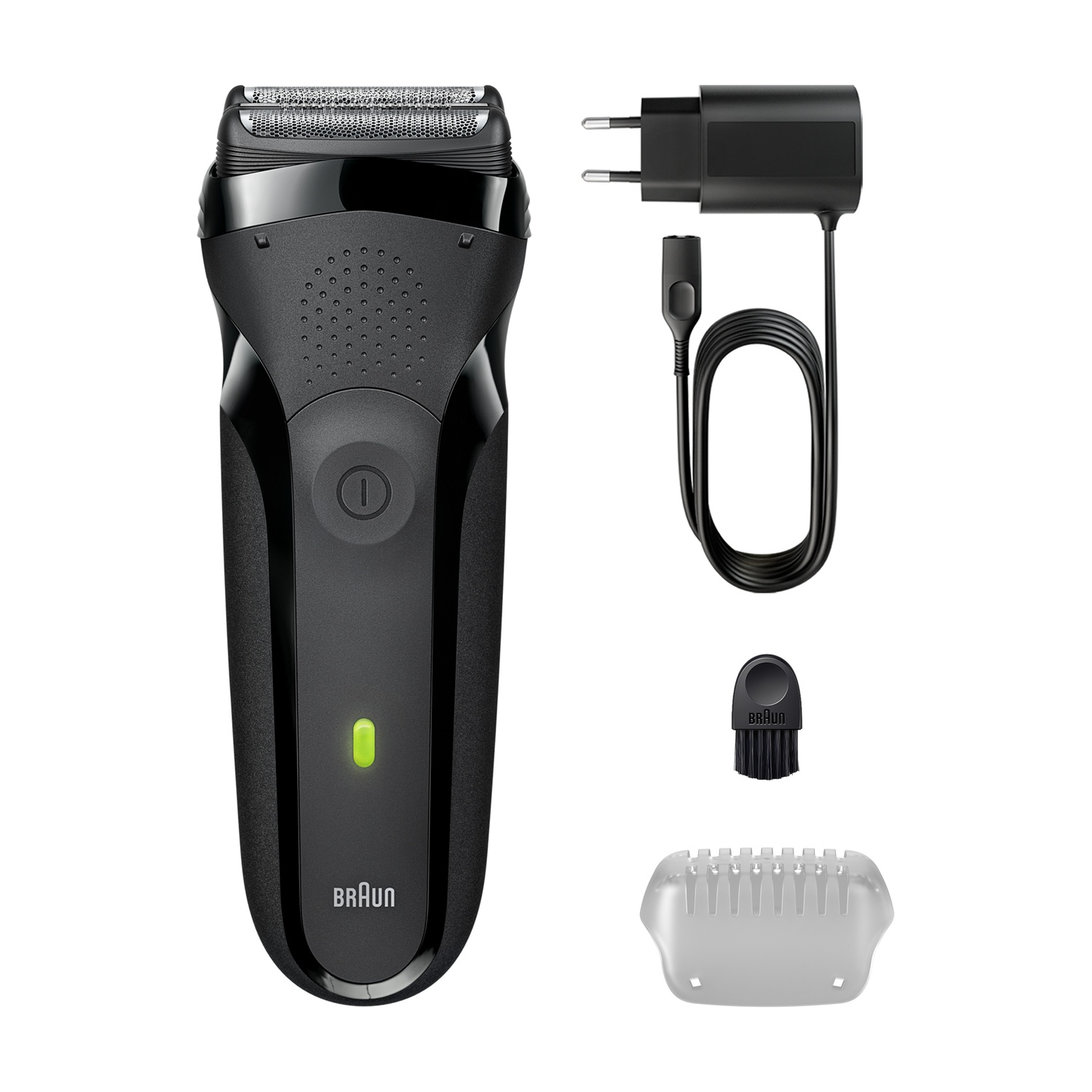 Un rasoio elettrico Braun nero con accessori: caricabatterie, spazzola per la pulizia e protezione per il trimmer, tutto su sfondo bianco.