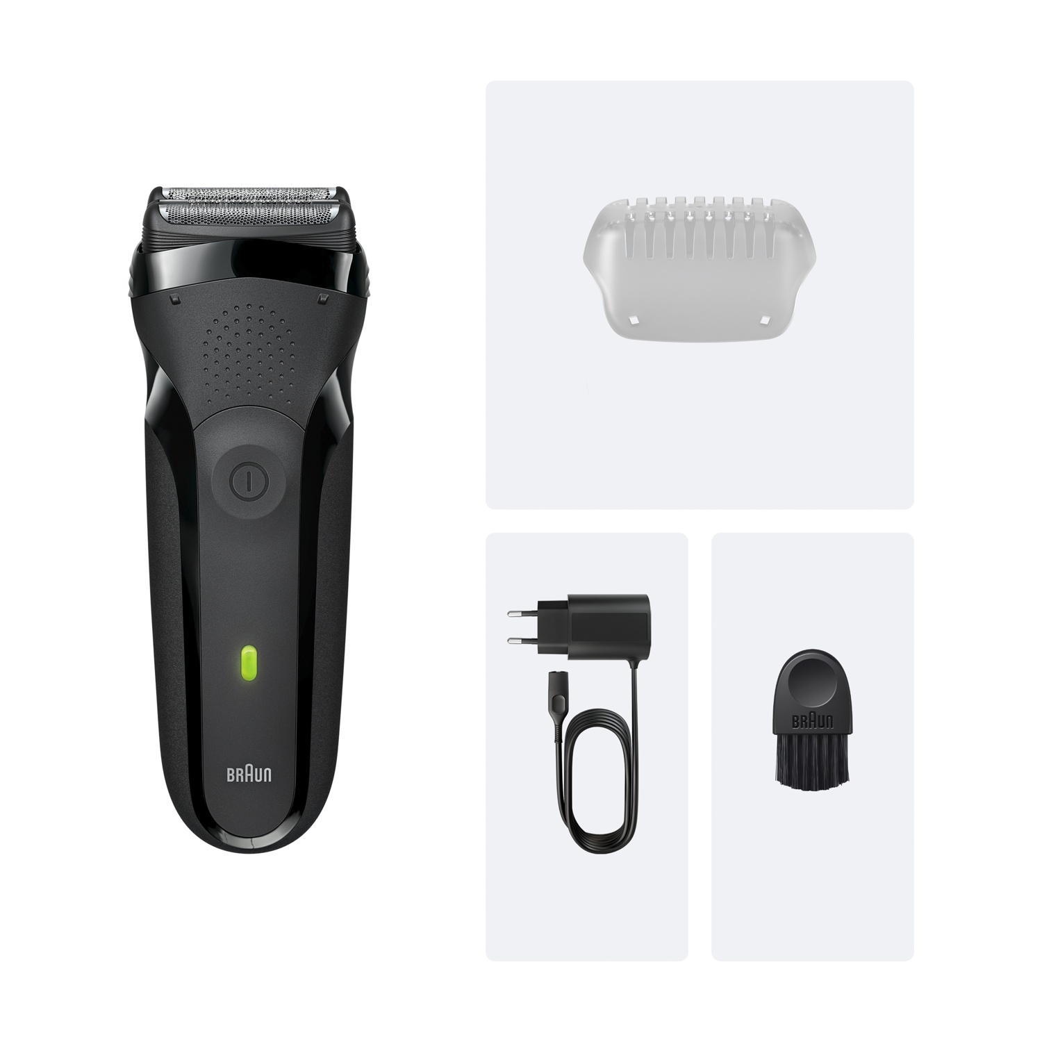 Un rasoio elettrico Braun nero, con accessori: protezione per trimmer, caricabatterie e spazzola per la pulizia, tutto su sfondo bianco.