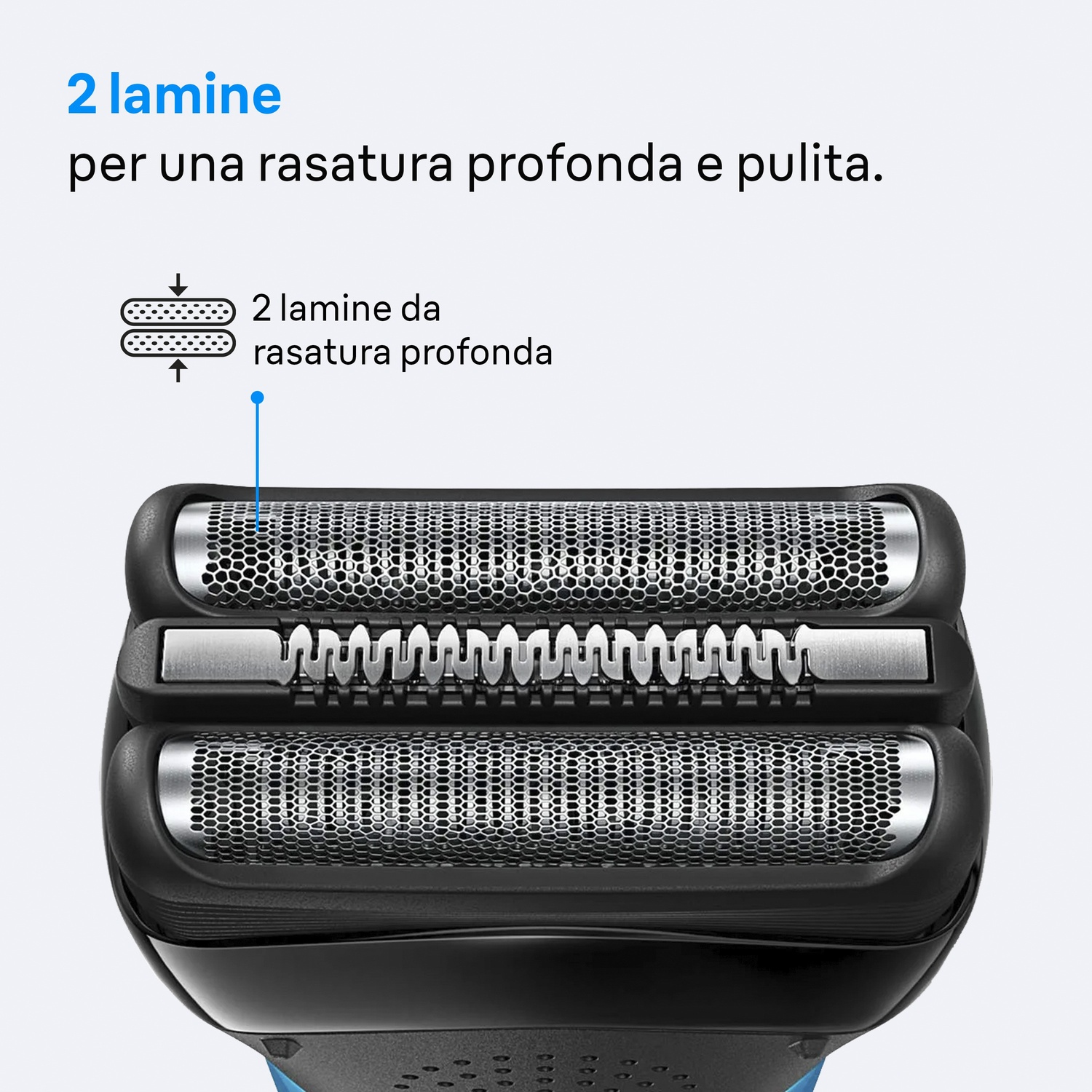 Primo piano di una testina di rasoio con due lame. L'immagine include un testo in italiano su una rasatura profonda e pulita. Il rasoio è nero.