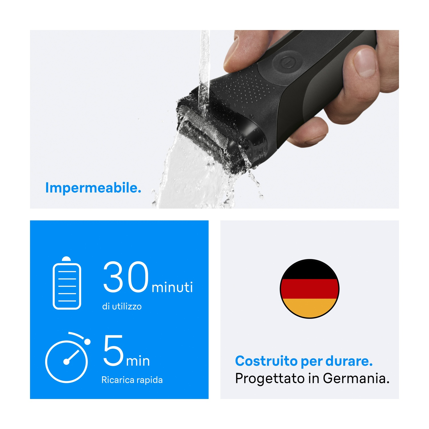 Rasoio elettrico nero risciacquato con acqua. Il testo indica che è impermeabile, ha 30 min di utilizzo e 5 min di ricarica rapida. Prodotto in Germania.