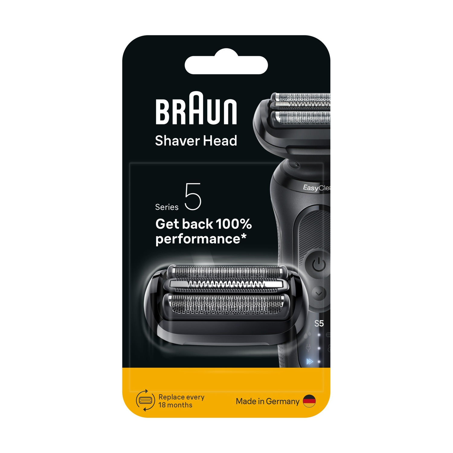 Confezione testina rasoio Braun. Imballaggio bianco e nero con dettagli del prodotto. La testina è visibile. Made in Germany.