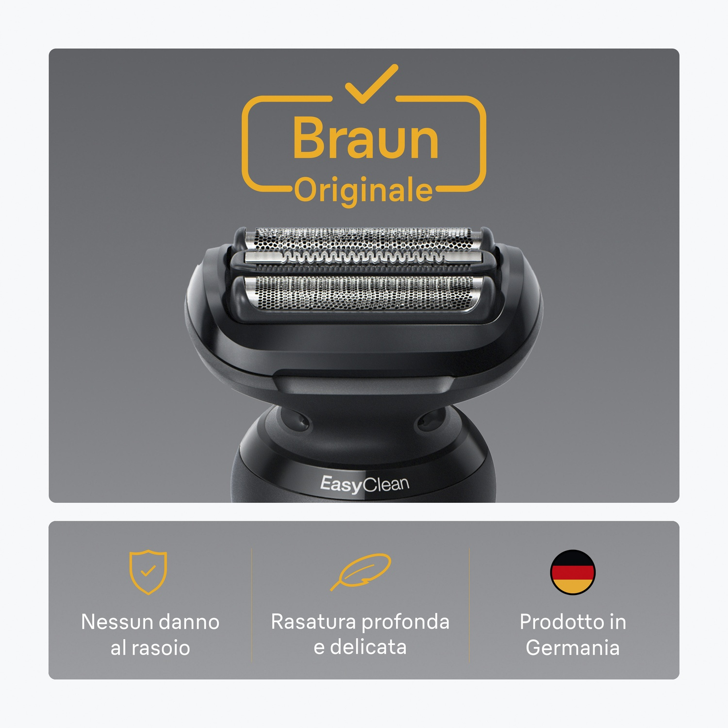 Un rasoio Braun nero con lame argentate. Il logo è giallo. Sotto, icone e testo in italiano e la bandiera tedesca.