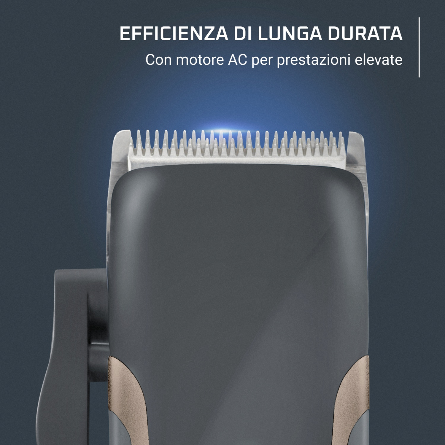 Primo piano di un tagliacapelli nero con lame argentate e testo: EFFICIENZA DI LUNGA DURATA.
