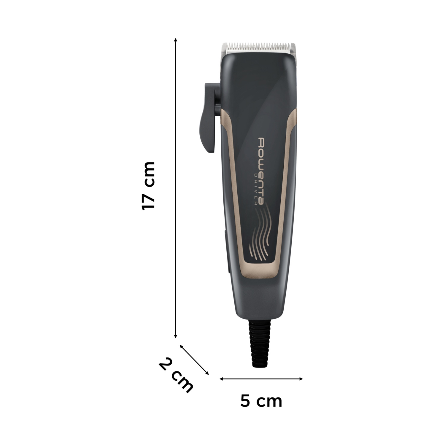 Un tagliacapelli Rowenta Driver nero e beige, lungo 17 cm, largo 5 cm e spesso 2 cm. Ha un cavo e delle misure.