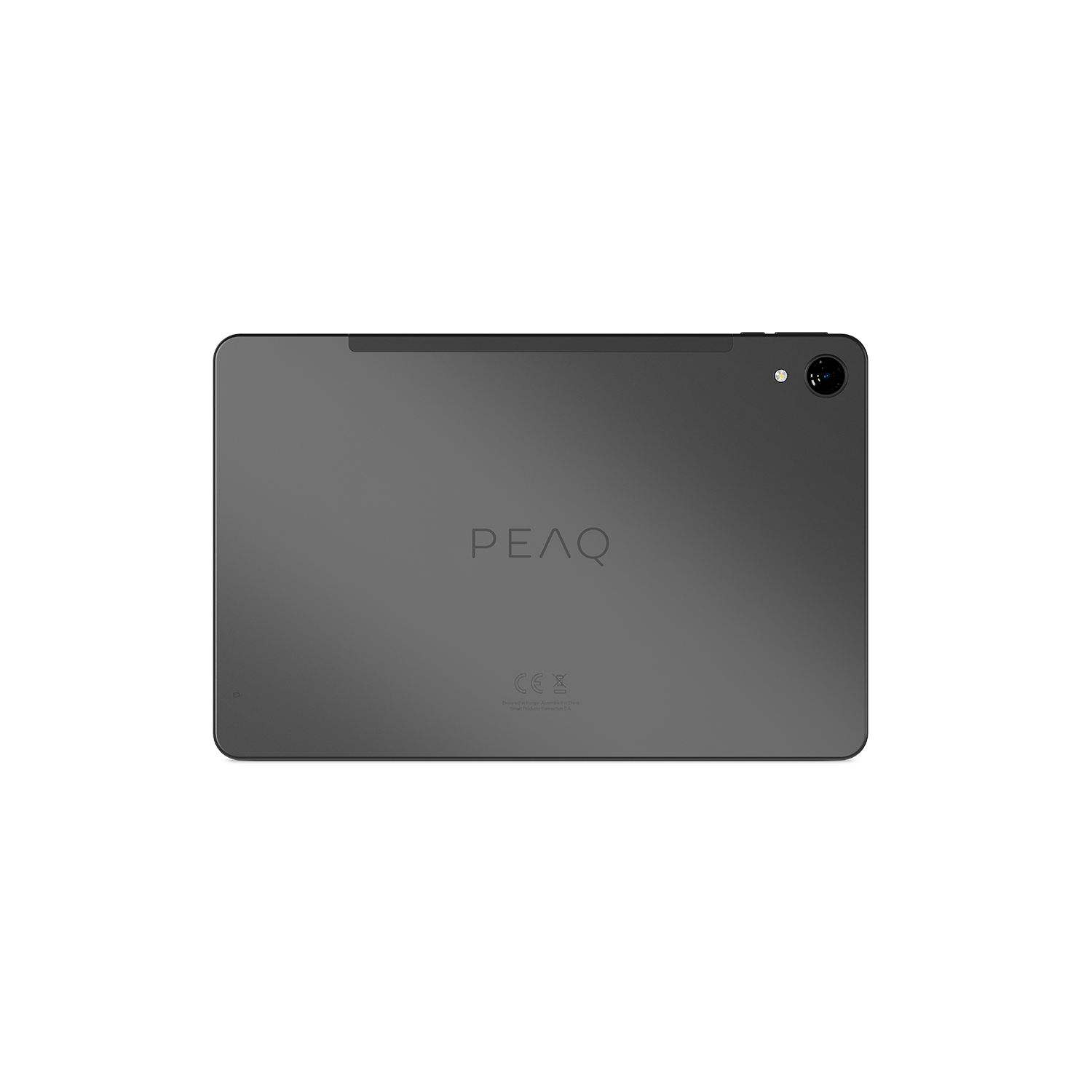Una tableta gris oscuro con la marca 'PEAQ'. Tiene una cámara en la esquina superior derecha. La parte trasera de la tableta es visible.