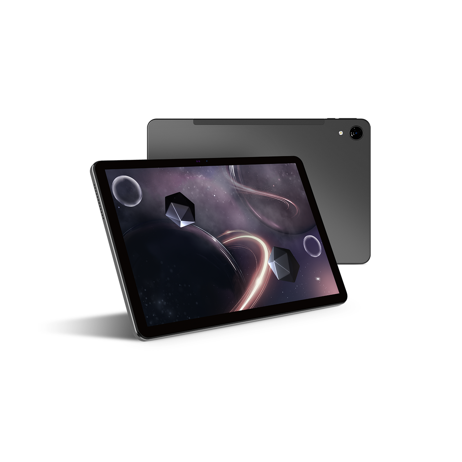 Una tableta con pantalla espacial. Hay otra tableta detrás. La pantalla muestra formas geométricas y una galaxia.
