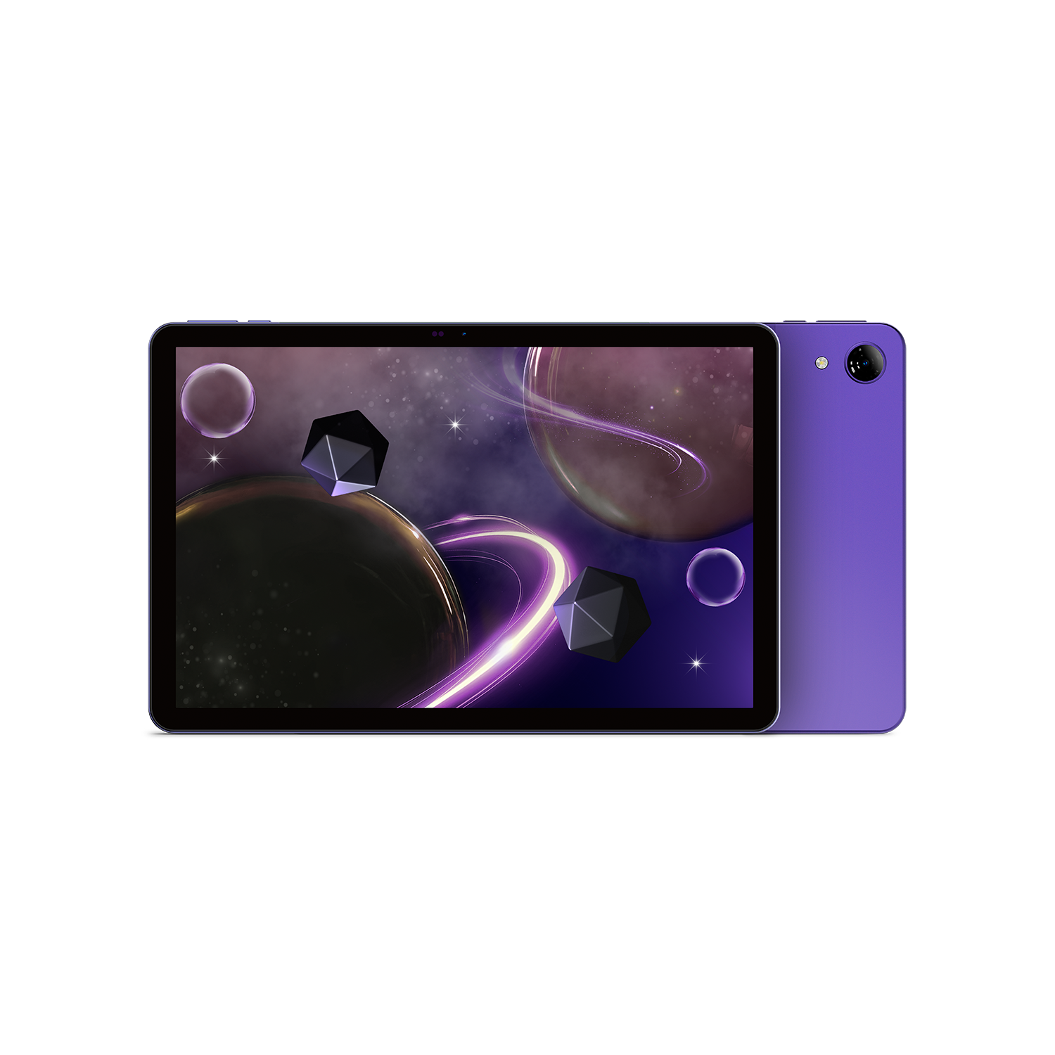 Una tableta morada con una pantalla con temática espacial que muestra planetas, formas geométricas y anillos brillantes.