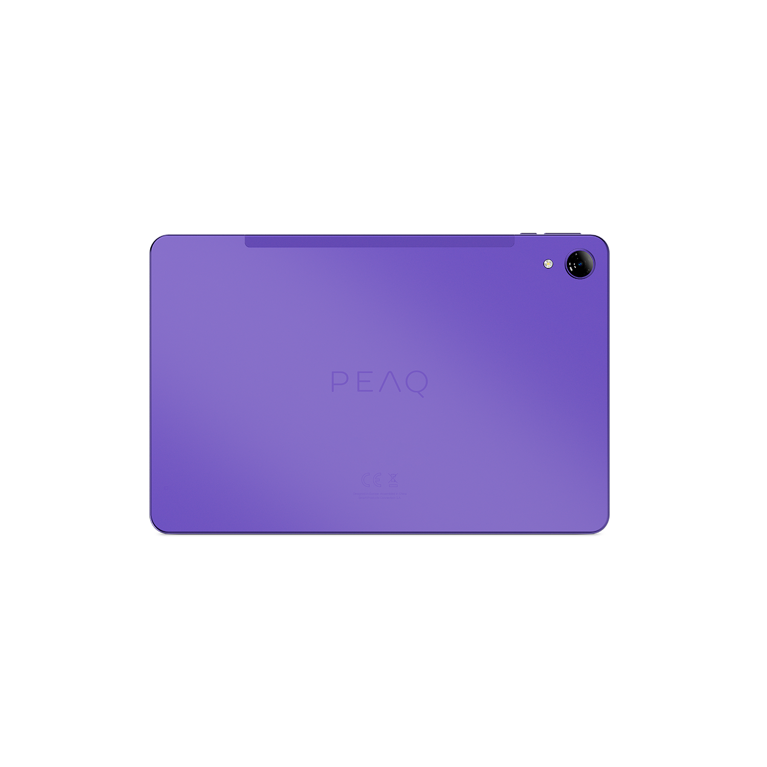 Una tableta morada con la palabra PEAQ y una cámara. La tableta está centrada sobre un fondo blanco.