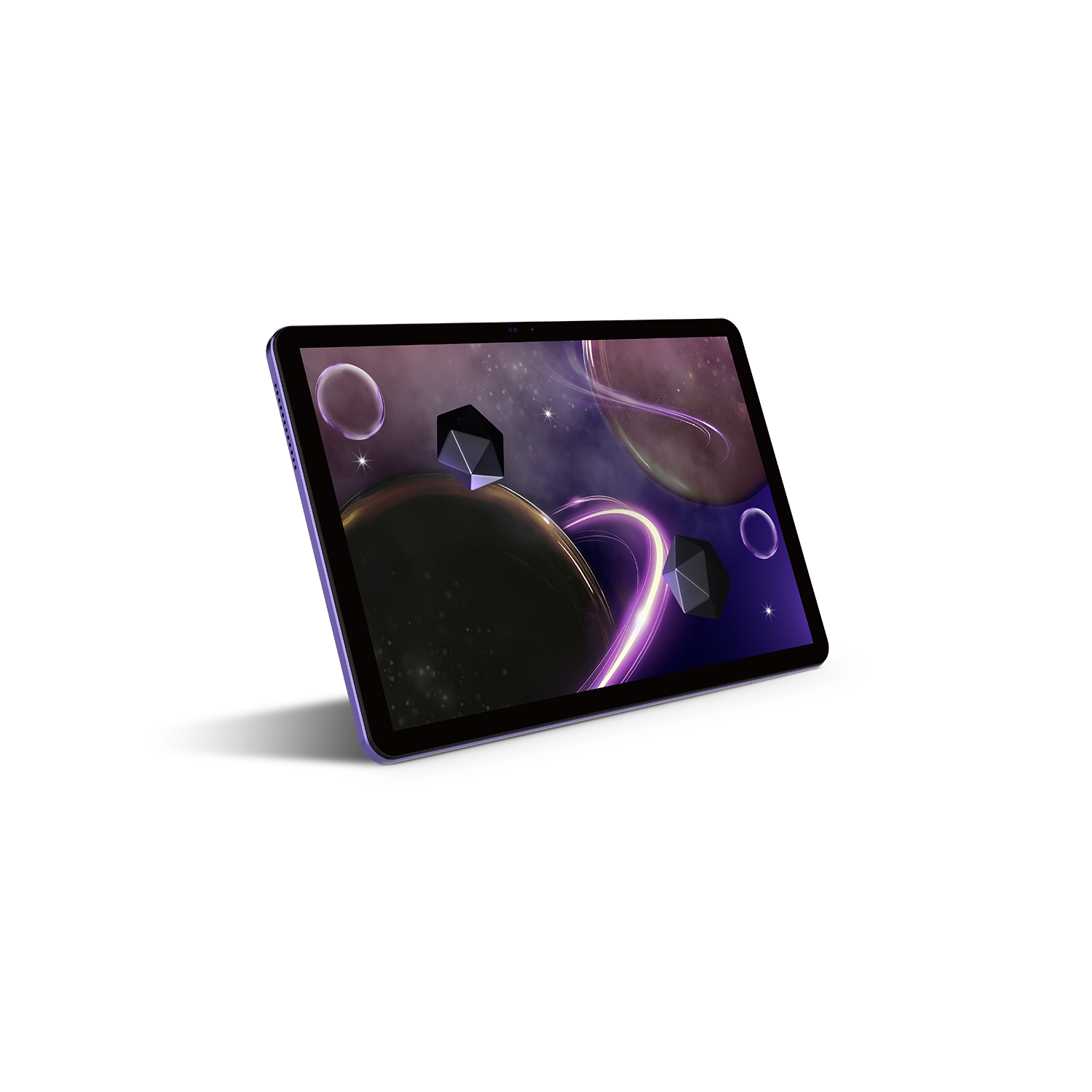 Tableta que muestra una escena espacial con planetas y formas geométricas. La tableta tiene un borde morado y está apoyada en un soporte negro.