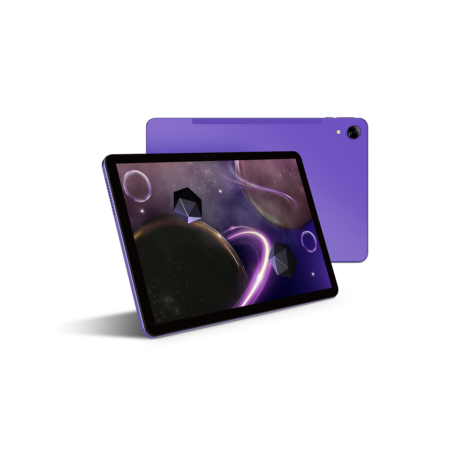 Tableta morada que muestra una escena espacial con planetas y formas geométricas. Otra tableta está detrás. Ambas tienen bordes negros.
