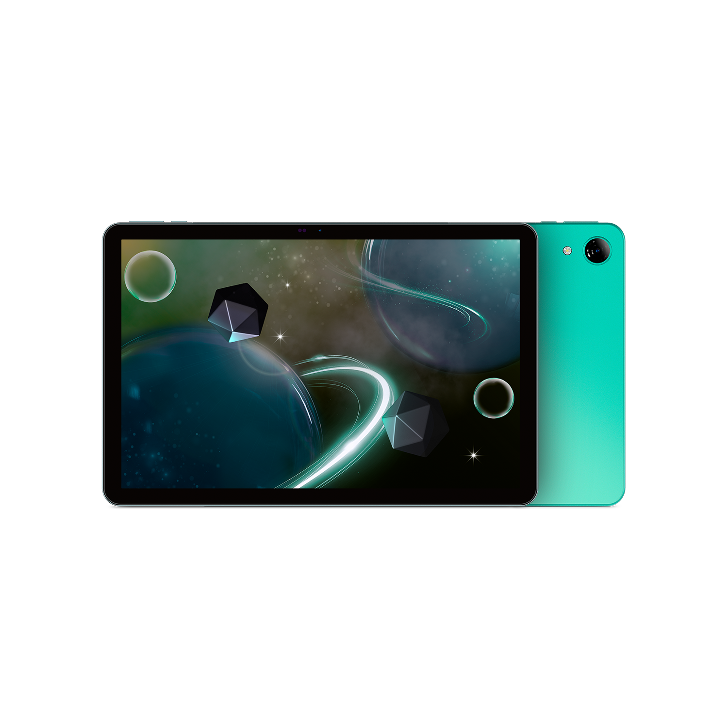 Una tableta turquesa con una escena espacial abstracta en la pantalla. La parte trasera también es turquesa.