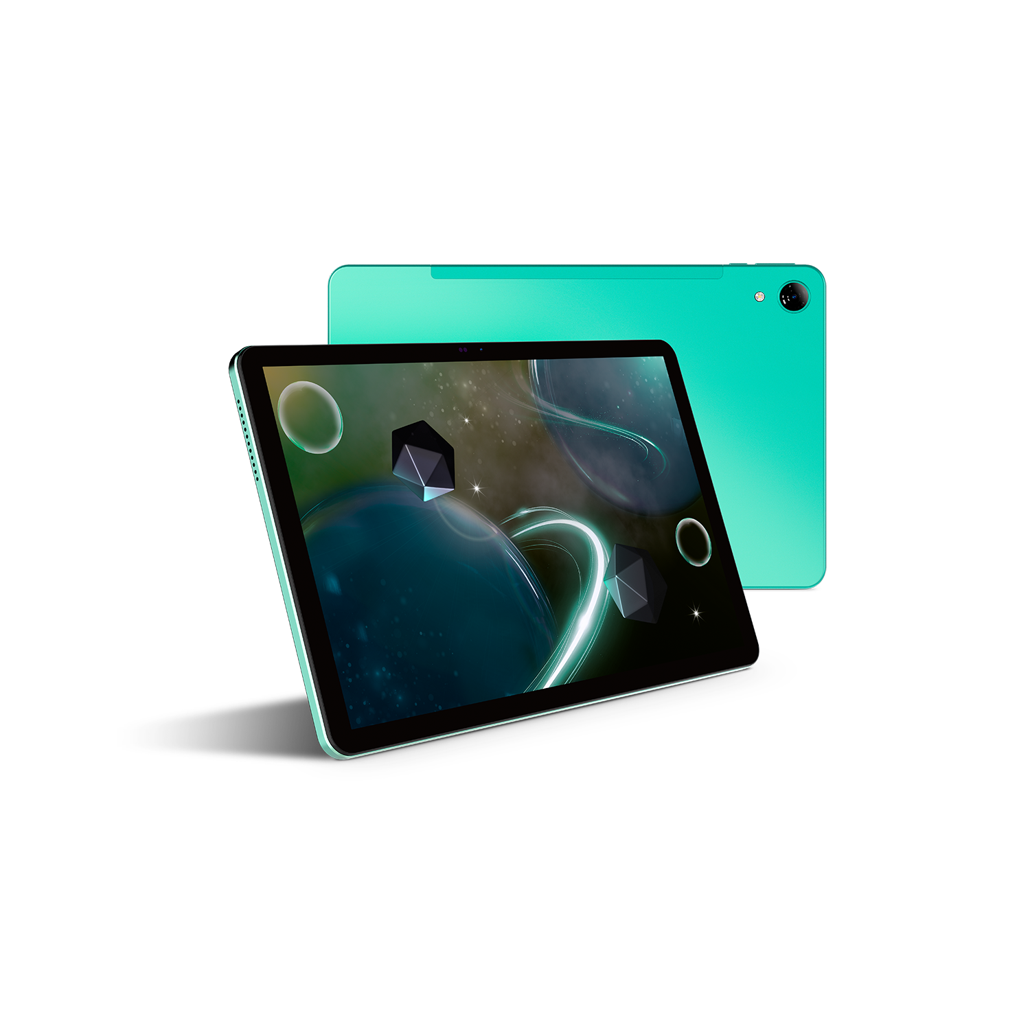 Dos tabletas verde azulado, una en ángulo, mostrando una escena espacial con formas geométricas. La otra, detrás, muestra cámara y parte trasera verde azulado.