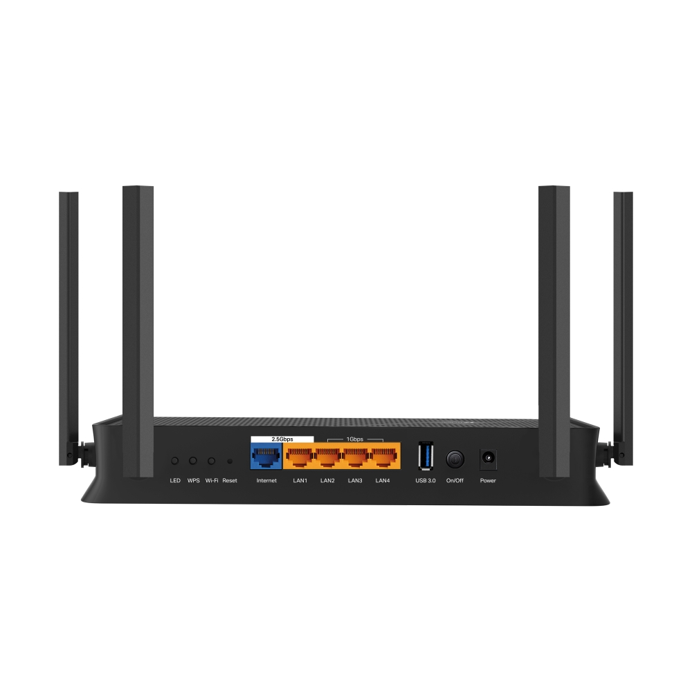 Un enrutador negro con múltiples antenas. Tiene puertos etiquetados como LAN, USB y alimentación. Los indicadores incluyen LED, WPS y Wi-Fi.