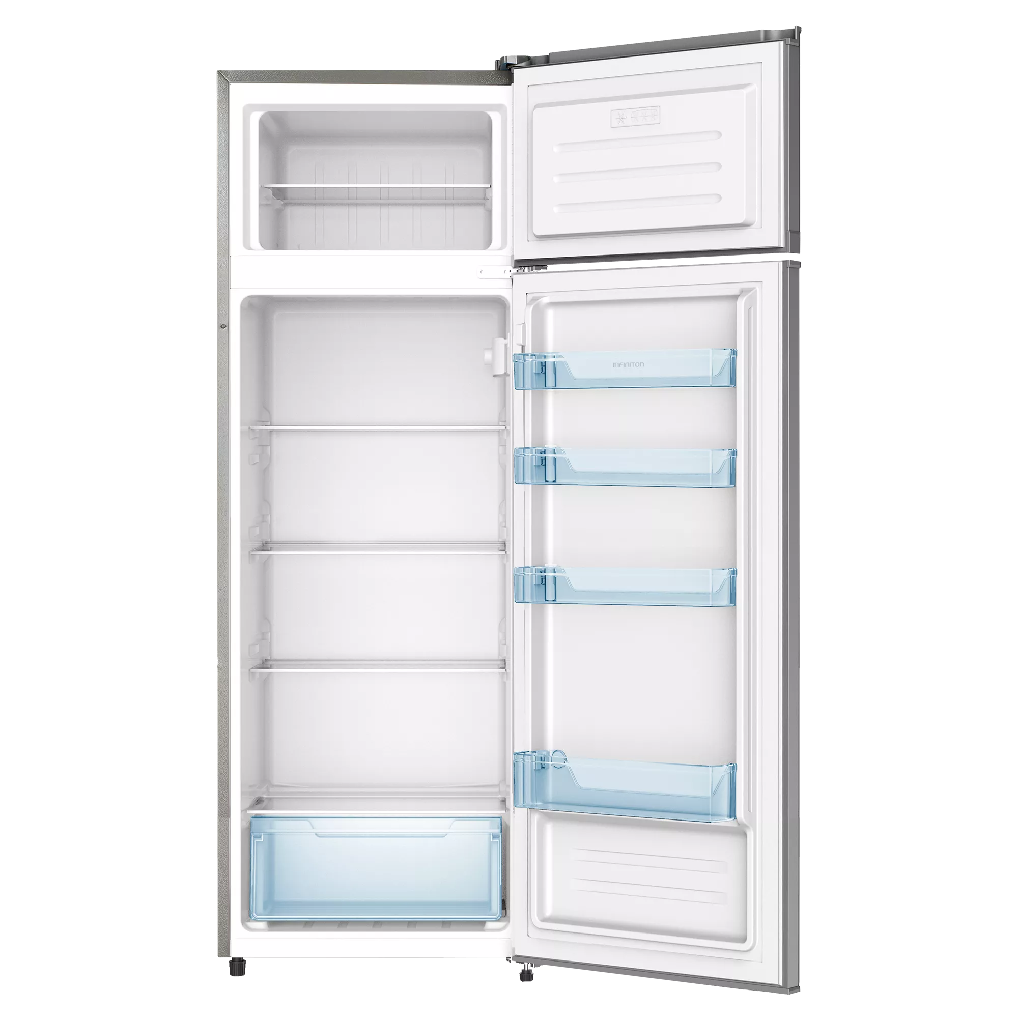 Un refrigerador plateado abierto con estantes azules. El congelador está en la parte superior. La puerta está entreabierta, mostrando el interior.